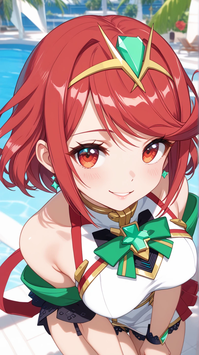 (highest quality:1.2, Very detailed, up to date, Vibrant, Ultra-high resolution, delicate strokes, High Contrast, masterpiece:1.2, highest quality, Best aesthetics), bery round face, very cute face, (((1 girl))), pyra \(xenoblade chronicles\), red eyes, masterpiece, maximum quality, 4k,  ultra detailed, (((highschool uniform))), standing, leaning slightly forward, bright smile, crystal red eyes, round face, soft light, shiny hair, friendly smile, thighs slightly large, hips slightly wide, 3 quarters of the body, looking at the viewer, front, high angle view, big chest,