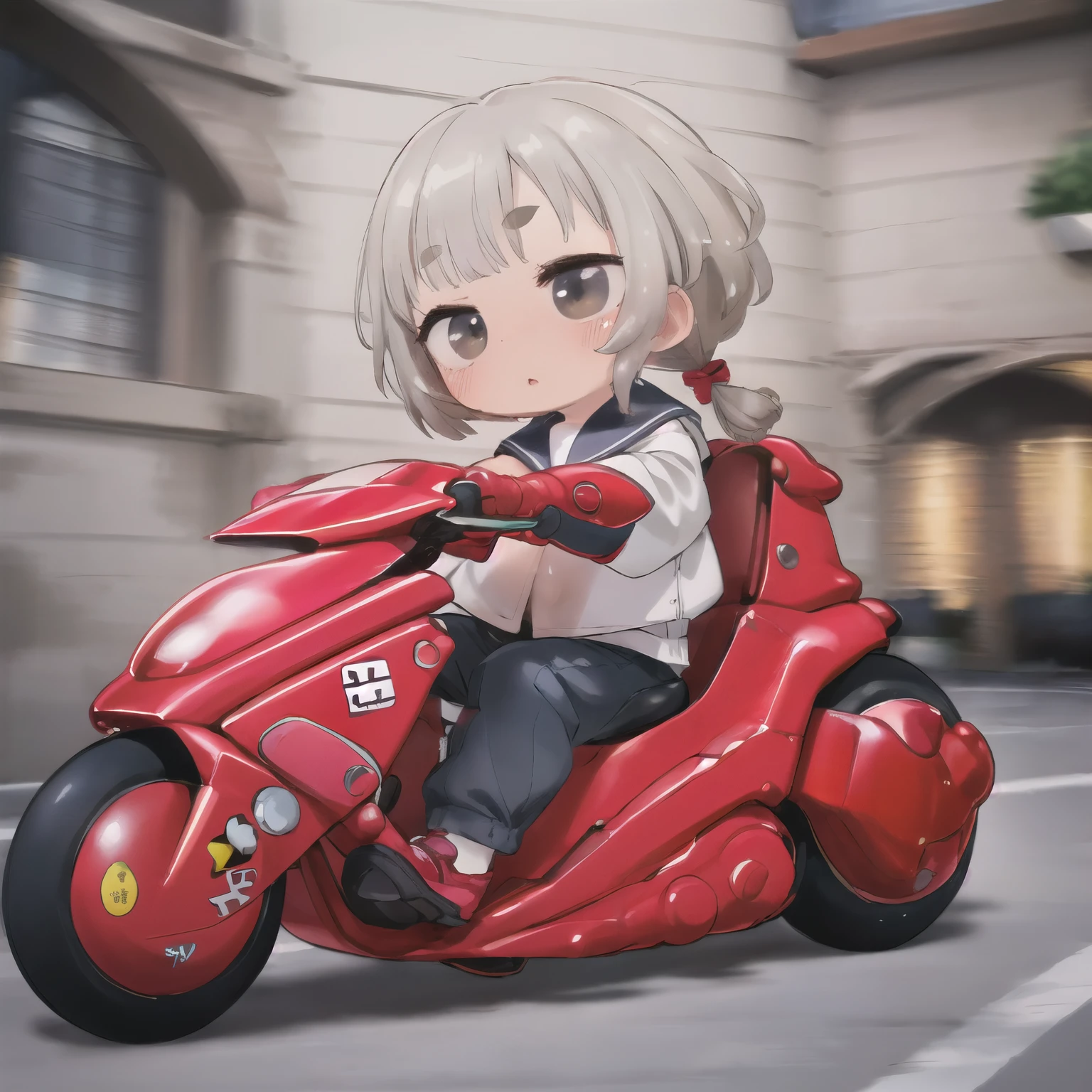 masterpiece,  High Quality ,  1 girl,(Seraph:1.2)，  sitting，  lean on the backrest ;   put your foot forward slightly  ,   very young girl  ，  thick eyebrows，Droopy eyes, baby face，baby face，Round face， big round eyes，  braiding ,  Short Haired Ponytail,  short bang ， gray hair，  brown eyes ，Very small build ，  very thin limbs，(((  long-sleeved sailor suit like picking nipples )))，kanedabike，  Big Scooter  ，Very low seat,  Low vehicle height  ,A Step Ahead  ,