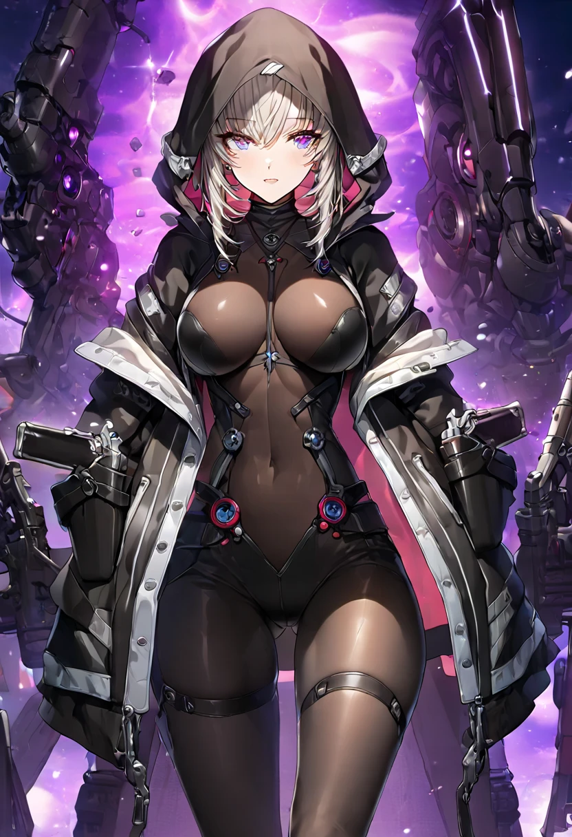 alterform, grey hair, purple eyes, large breasts, absurdres, by famous artist, exquisite, (((cowboy shot))), hood up, jacket, body suit, black clothes, black wear, weapon,(((purple eyes))), masterpiece, super fine illustration, ultra high res, masterwork, best quality, cg unity 8k wallpaper, official art, ultra detailed, finely quality eyes, (((accurate face parts))), (((perfect face))), ((((((perfect eyes)))))), ultra detailed beautiful face, ultra detailed beautiful eyes, (((clear eyes, light eyes))), ((((((even eyes, symmetrical eyes)))))), (((breasts))), gleaming skin, oil skin, shiny skin, (((black pantyhose, black tights))), beautiful and aesthetic, High quality, extremely detailed, extremely detailed cg unity 8k wallpaper, super detailed skin, hdr, highers, extremely detailed beautiful face,　16k, finely detail, Amazing, top quality, distinct image, vibrant details, professional art, finely detailed face, a face of perfect proportion, high detailed face, beautiful, extremely detailed beautiful girl, ultra detailed beautiful girls, absolutely resolution, illustration, increase cinematic lighting quality, exquisite detail, hyper detailed, high detail, (((shiny eyes))), (((beautiful eyes))), (((detailed eyes))), (((beautiful face))), (((detailed face))), 1girl, solo,　Smooth and Flawless Skin, Well-Defined Facial Features, Perfectly Proportioned Face, Fine Details Texture, Graceful and Symmetrical Features, Radiant and Healthy Glow, Expressive and Captivating Eyes, long shot, wide shot, hide arms, (((open jacket))), (((open collar))), bodystocking,