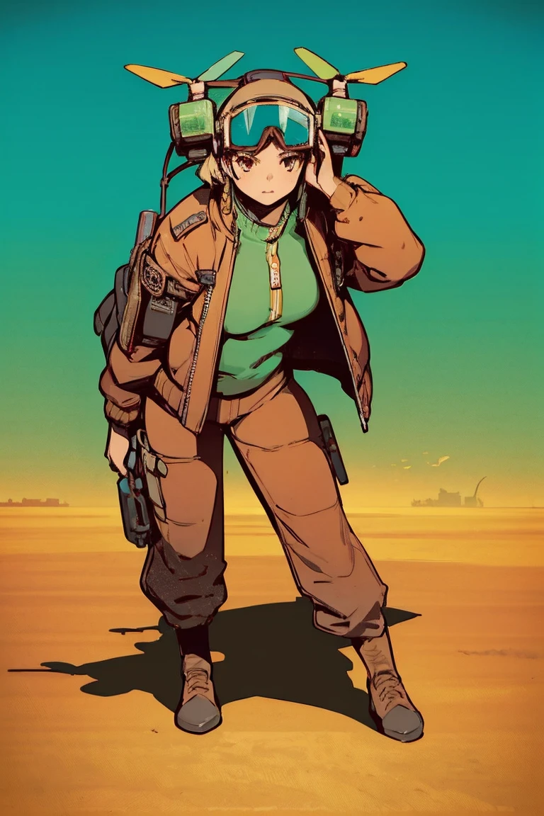  dynamic angle, ( super detailed ,  Ultra High Resolution, detailed background),((2D)),(( Flat Color )),((Photorealistic Background)), 1girl,1 Solo,  loose red flight suit ,  Large Sheepskin Color Bomber Jacket,  Plush Color , Steampunk Goggles, (( baron desert intracat background )), ((Doomsday City)),  full body, (( drone next to her )),pop Art Style,Pointing Up Pose ,  dynamic angle,Combat Stance