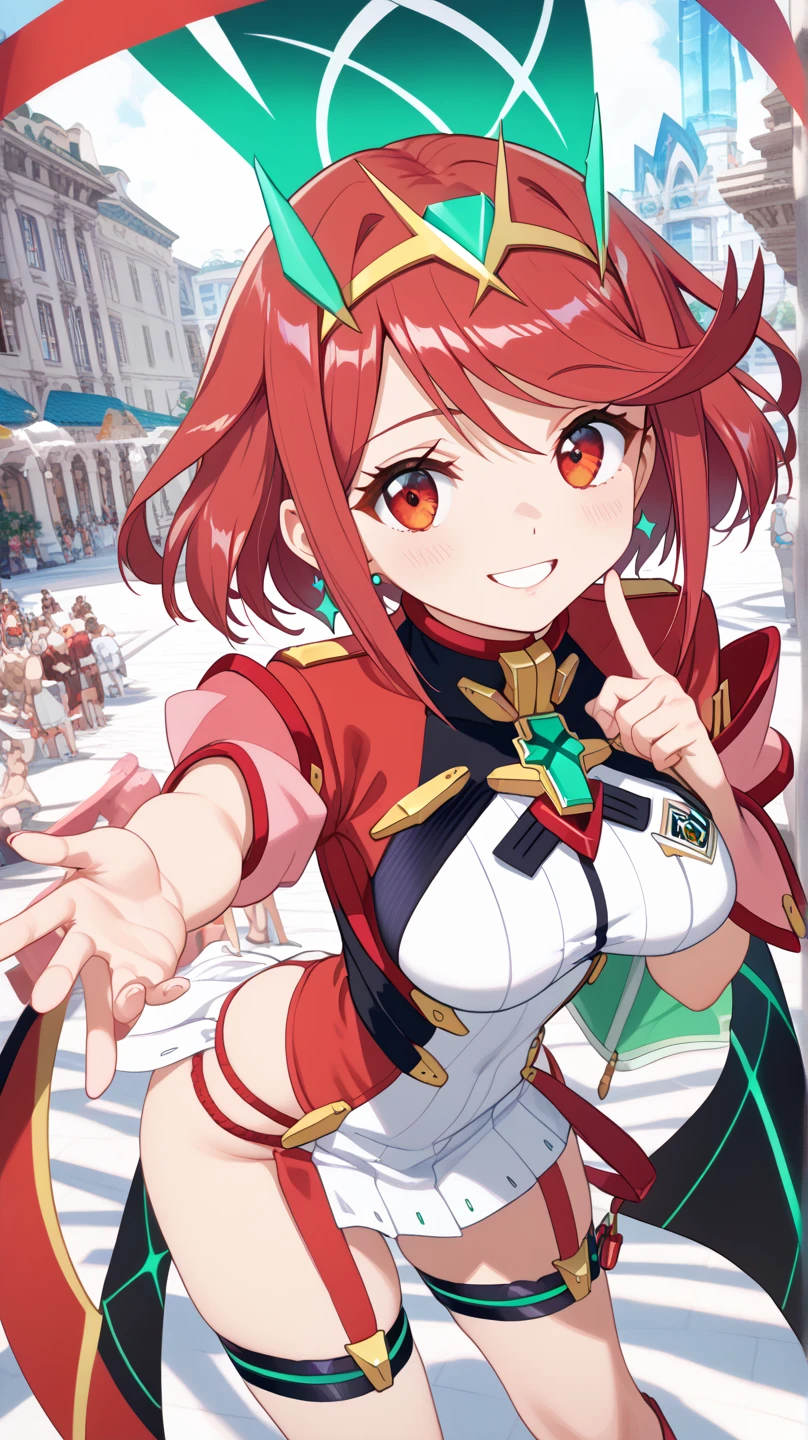 (highest quality:1.2, Very detailed, up to date, Vibrant, Ultra-high resolution, delicate strokes, High Contrast, masterpiece:1.2, highest quality, Best aesthetics), bery round face, very cute face, (((1 girl))), pyra \(xenoblade chronicles\), red eyes, masterpiece, maximum quality, 4k,  ultra detailed, (((highschool uniform))), standing, leaning slightly forward, bright smile, crystal red eyes, round face, soft light, shiny hair, friendly smile, thighs slightly large, hips slightly wide, 3 quarters of the body, looking at the viewer, front, high angle view, big chest,