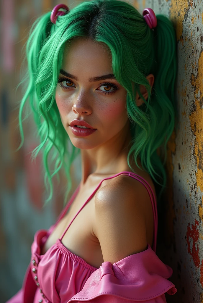 a beautiful young woman with long green hair, detailed face, green eyes, full lips, wearing a sexy college dress, elegant pose, photorealistic, 8k, hyper detailed, studio lighting, cinematic composition, vibrant colors, dramatic lighting, intricate details