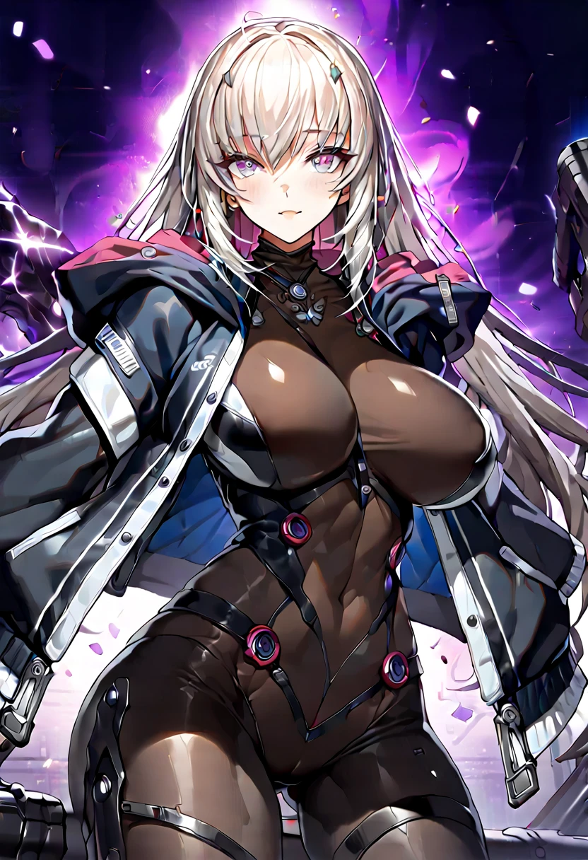 alterform, grey hair, purple eyes, large breasts, absurdres, by famous artist, exquisite, (((cowboy shot))), hood down, jacket, body suit, black clothes, black wear, weapon,(((purple eyes))), masterpiece, super fine illustration, ultra high res, masterwork, best quality, cg unity 8k wallpaper, official art, ultra detailed, finely quality eyes, (((accurate face parts))), (((perfect face))), ((((((perfect eyes)))))), ultra detailed beautiful face, ultra detailed beautiful eyes, (((clear eyes, light eyes))), ((((((even eyes, symmetrical eyes)))))), (((breasts))), gleaming skin, oil skin, shiny skin, (((black pantyhose, black tights))), beautiful and aesthetic, High quality, extremely detailed, extremely detailed cg unity 8k wallpaper, super detailed skin, hdr, highers, extremely detailed beautiful face,　16k, finely detail, Amazing, top quality, distinct image, vibrant details, professional art, finely detailed face, a face of perfect proportion, high detailed face, beautiful, extremely detailed beautiful girl, ultra detailed beautiful girls, absolutely resolution, illustration, increase cinematic lighting quality, exquisite detail, hyper detailed, high detail, (((shiny eyes))), (((beautiful eyes))), (((detailed eyes))), (((beautiful face))), (((detailed face))), 1girl, solo,　Smooth and Flawless Skin, Well-Defined Facial Features, Perfectly Proportioned Face, Fine Details Texture, Graceful and Symmetrical Features, Radiant and Healthy Glow, Expressive and Captivating Eyes, long shot, wide shot, hide arms, (((open jacket))), (((open collar))), bodystocking,