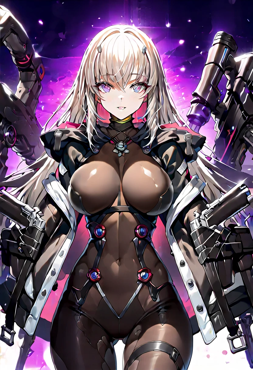 alterform, grey hair, purple eyes, large breasts, absurdres, by famous artist, exquisite, (((cowboy shot))), hood down, jacket, body suit, black clothes, black wear, weapon,(((purple eyes))), masterpiece, super fine illustration, ultra high res, masterwork, best quality, cg unity 8k wallpaper, official art, ultra detailed, finely quality eyes, (((accurate face parts))), (((perfect face))), ((((((perfect eyes)))))), ultra detailed beautiful face, ultra detailed beautiful eyes, (((clear eyes, light eyes))), ((((((even eyes, symmetrical eyes)))))), (((breasts))), gleaming skin, oil skin, shiny skin, (((black pantyhose, black tights))), beautiful and aesthetic, High quality, extremely detailed, extremely detailed cg unity 8k wallpaper, super detailed skin, hdr, highers, extremely detailed beautiful face,　16k, finely detail, Amazing, top quality, distinct image, vibrant details, professional art, finely detailed face, a face of perfect proportion, high detailed face, beautiful, extremely detailed beautiful girl, ultra detailed beautiful girls, absolutely resolution, illustration, increase cinematic lighting quality, exquisite detail, hyper detailed, high detail, (((shiny eyes))), (((beautiful eyes))), (((detailed eyes))), (((beautiful face))), (((detailed face))), 1girl, solo,　Smooth and Flawless Skin, Well-Defined Facial Features, Perfectly Proportioned Face, Fine Details Texture, Graceful and Symmetrical Features, Radiant and Healthy Glow, Expressive and Captivating Eyes, long shot, wide shot, hide arms, (((open jacket))), (((open collar))), bodystocking,