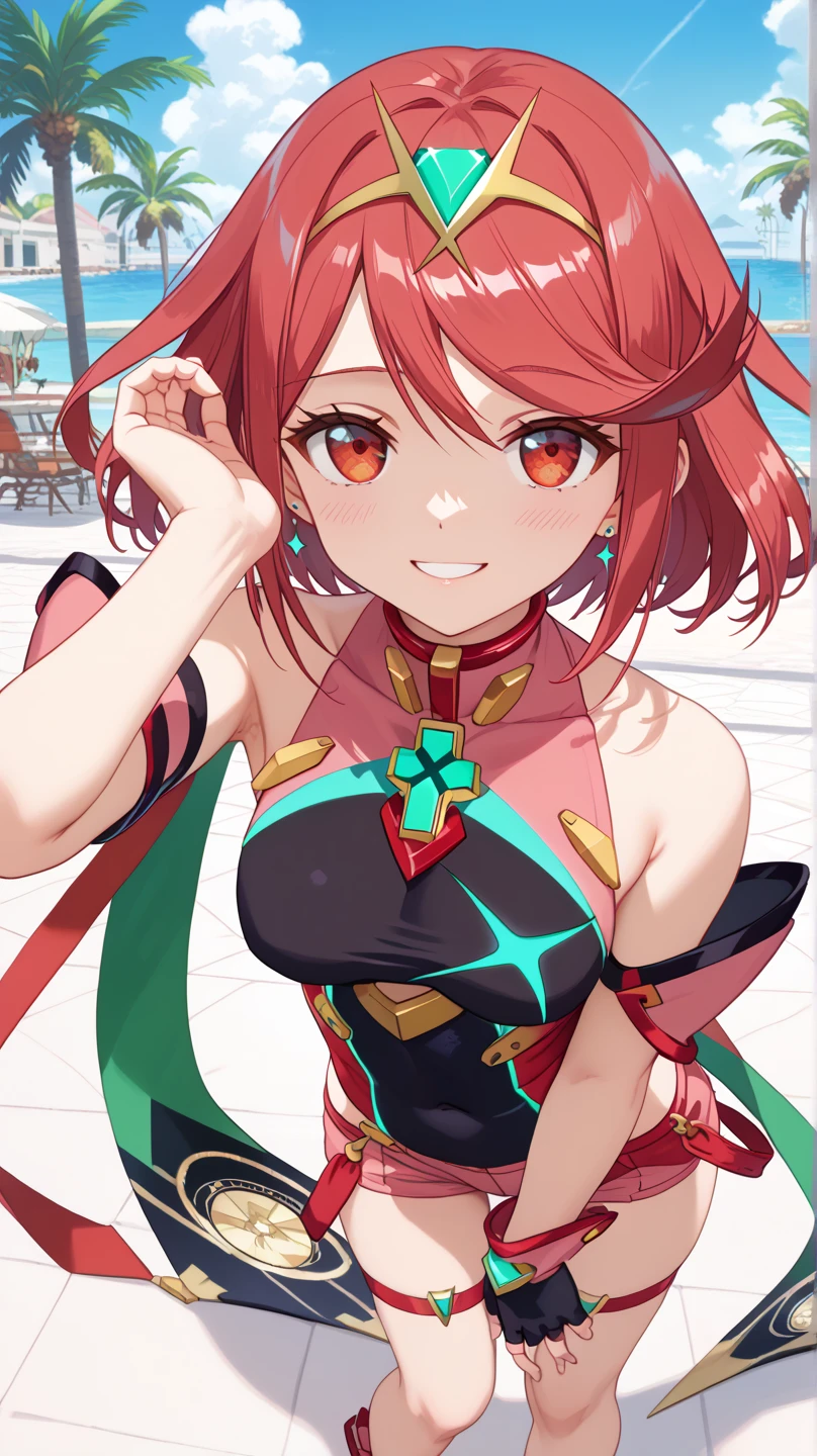 (highest quality:1.2, Very detailed, up to date, Vibrant, Ultra-high resolution, delicate strokes, High Contrast, masterpiece:1.2, highest quality, Best aesthetics), bery round face, very cute face, (((1 girl))), pyra \(xenoblade chronicles\), red eyes, masterpiece, maximum quality, 4k,  ultra detailed, (((highschool uniform))), standing, leaning slightly forward, bright smile, crystal red eyes, round face, soft light, shiny hair, friendly smile, thighs slightly large, hips slightly wide, 3 quarters of the body, looking at the viewer, front, high angle view, big chest, arranging hair