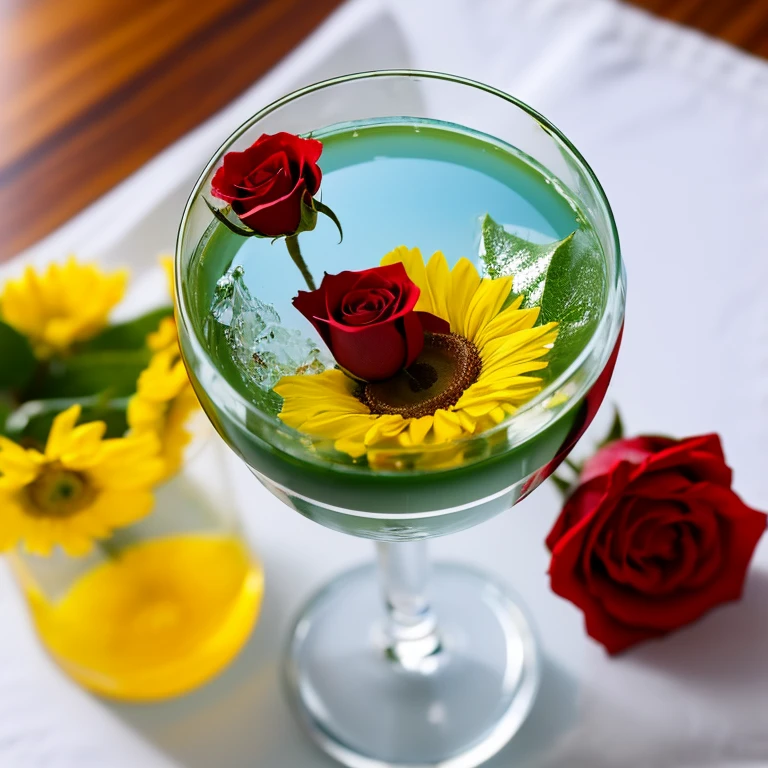  The sun in a crystal glass by the sea , against the backdrop of mountains,  a glass of regular classical shape , open from above , below, Next to the glass,  is a red rose ,  high-quality realistic photography