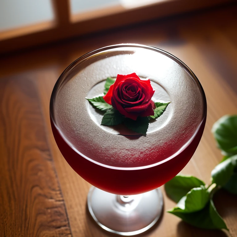  The sun in a crystal glass by the sea , against the backdrop of mountains,  a glass of regular classical shape , open from above , below, Next to the glass,  is a red rose ,  high-quality realistic photography