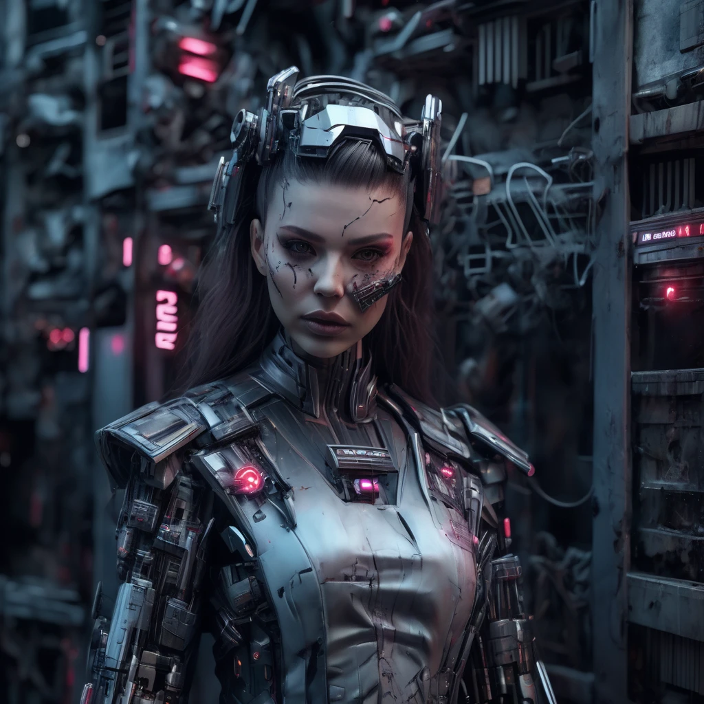 arafed woman with a mask and a metal headpiece, cyberpunk face, beautiful cyberpunk girl face, cybernetic machine female face, hyper-realistic cyberpunk style, wojtek fus, cyberpunk style ， hyperrealistic, cyberpunk horror style, cyborg girl, cyborg - girl, portrait of a cyberpunk cyborg, cyberpunk cyborg, trending on artstation 4k, cyberpunk cyborg waspblond woman with a skeleton mask and a red and white face, cyberpunk horror style, horrific digital art, wojtek fus, detailed portrait of a cyborg, greg beeple, hyper-realistic cyberpunk style, realism | beeple, beeple. hyperrealism, by Russell Dongjun Lu, hyper detailed digital art, wadim kashin. ultra realistic