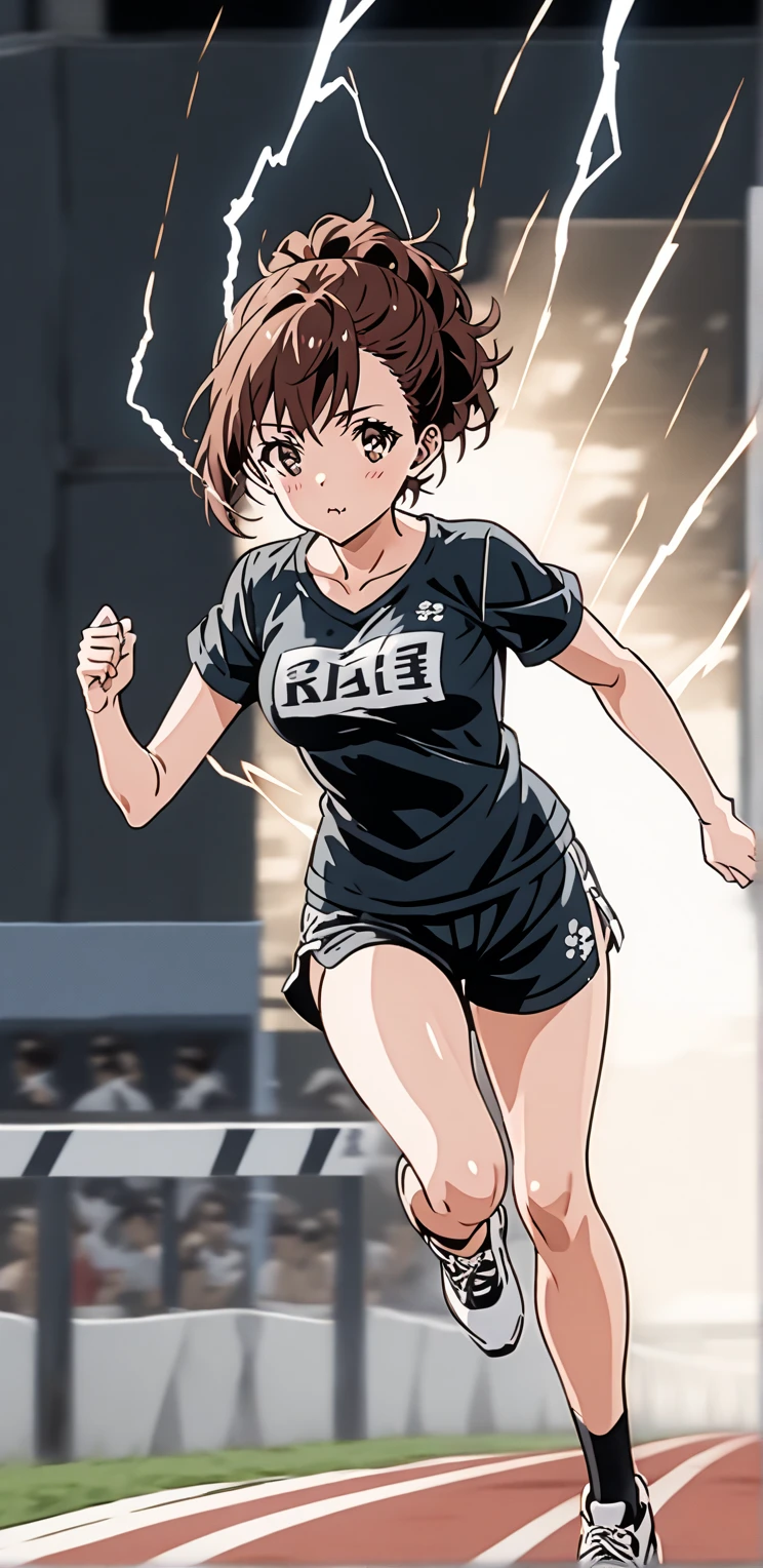  Kotone Shirakawa
:    t-shirt . With short sleep shorts, very sexy.   race, electricity,  motion blur,
 from the front/side
city , two.