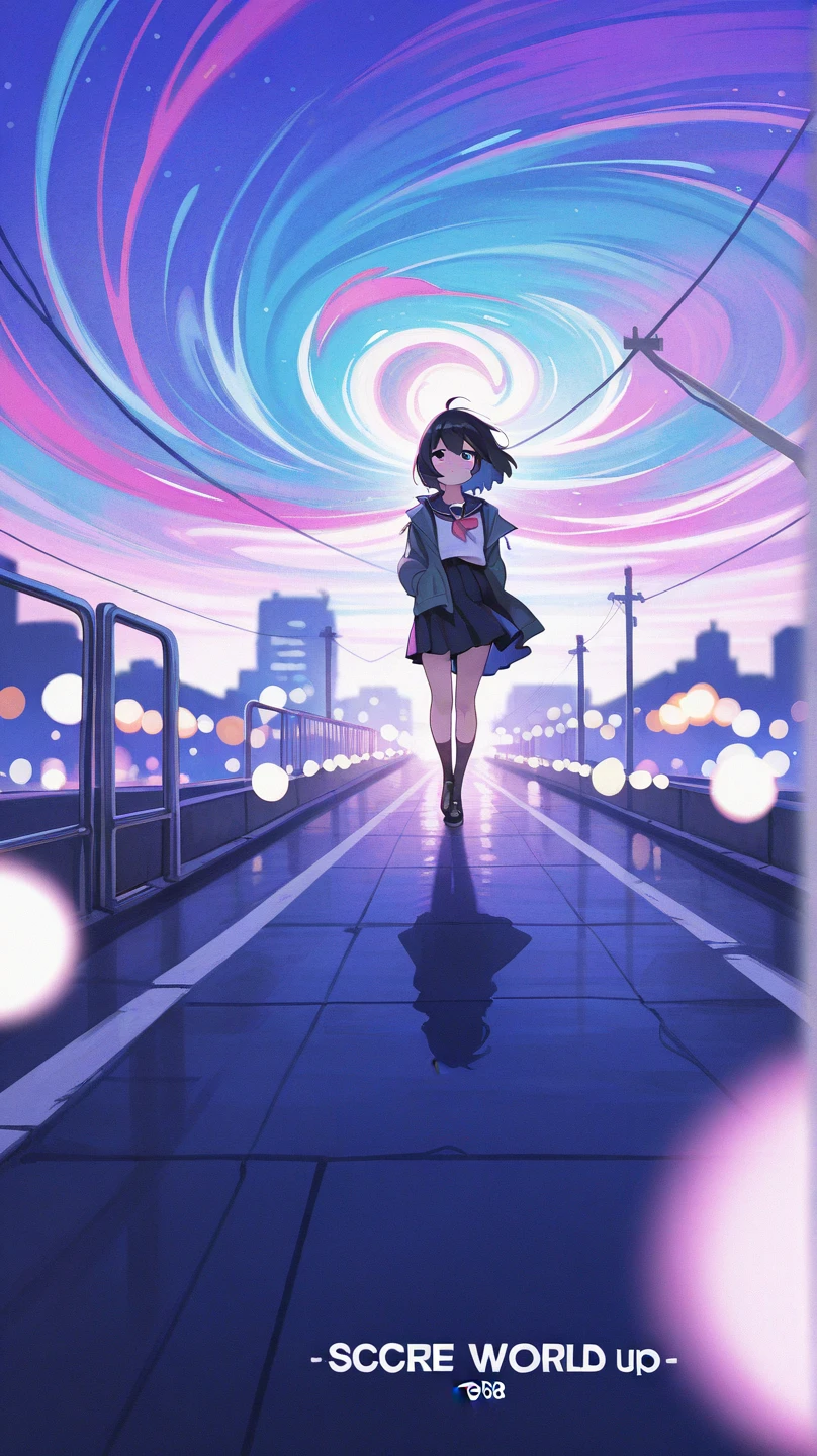 typography, watercolor style, anime girl looking at a collapsing psychedelic world, "depth field", "bokeh", anime style, atmospheric perspective, ultra high resolution, retina, masterpiece, accurate, anatomically correct, super detailed , high detail, high quality, top quality, high resolution, 1080P, 16k