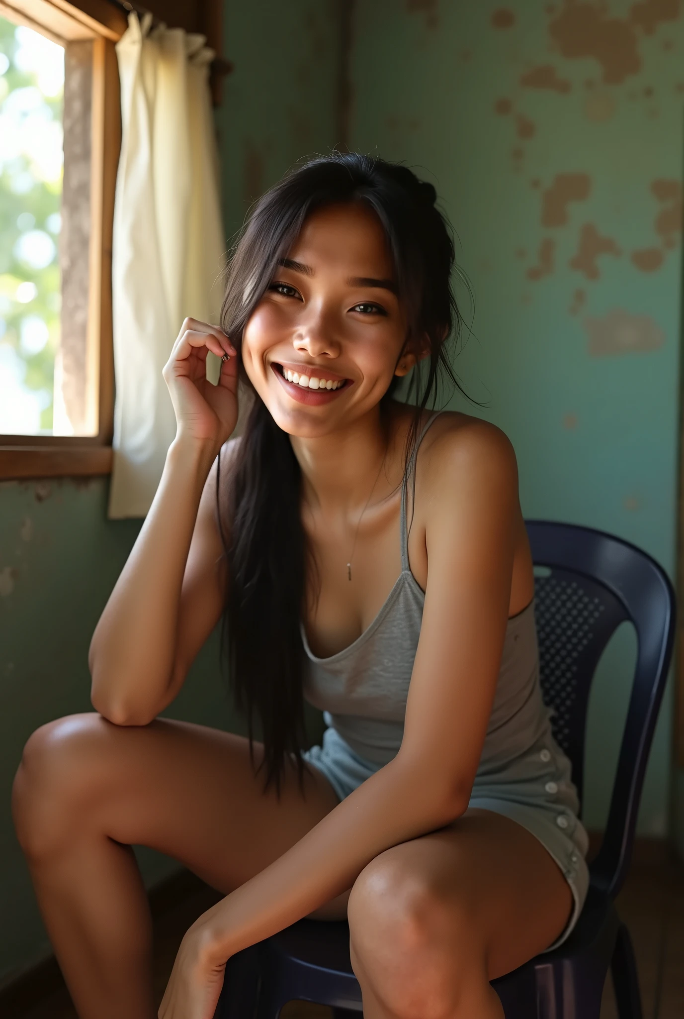 romantic couple. Indonesian man, shorts (lying on bed), (laughing cheerfully), (on top of him there is a woman sitting laughing). wearing a tan top