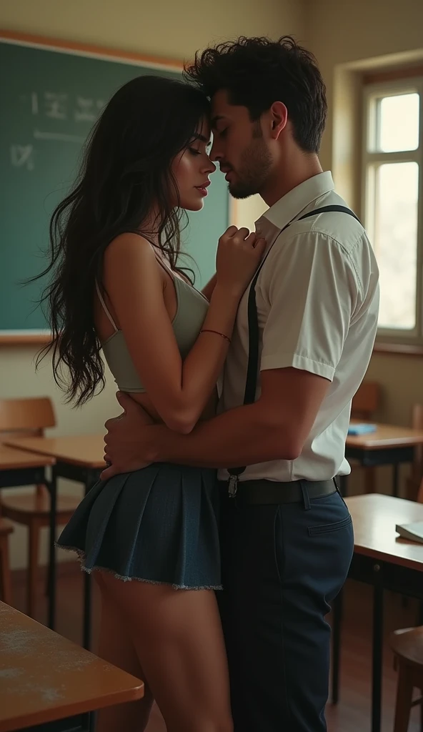 ultra real image , two lovers in school, young boy and teacher in school, romancing in the class table. the girl is wearing plain blue sheer transparent simple sari, boy is pressing her breast with his hand, she is not wearing bra, boy is wearing uniform, young boy is hugging from behind nsfw ((nsfw 1:5))