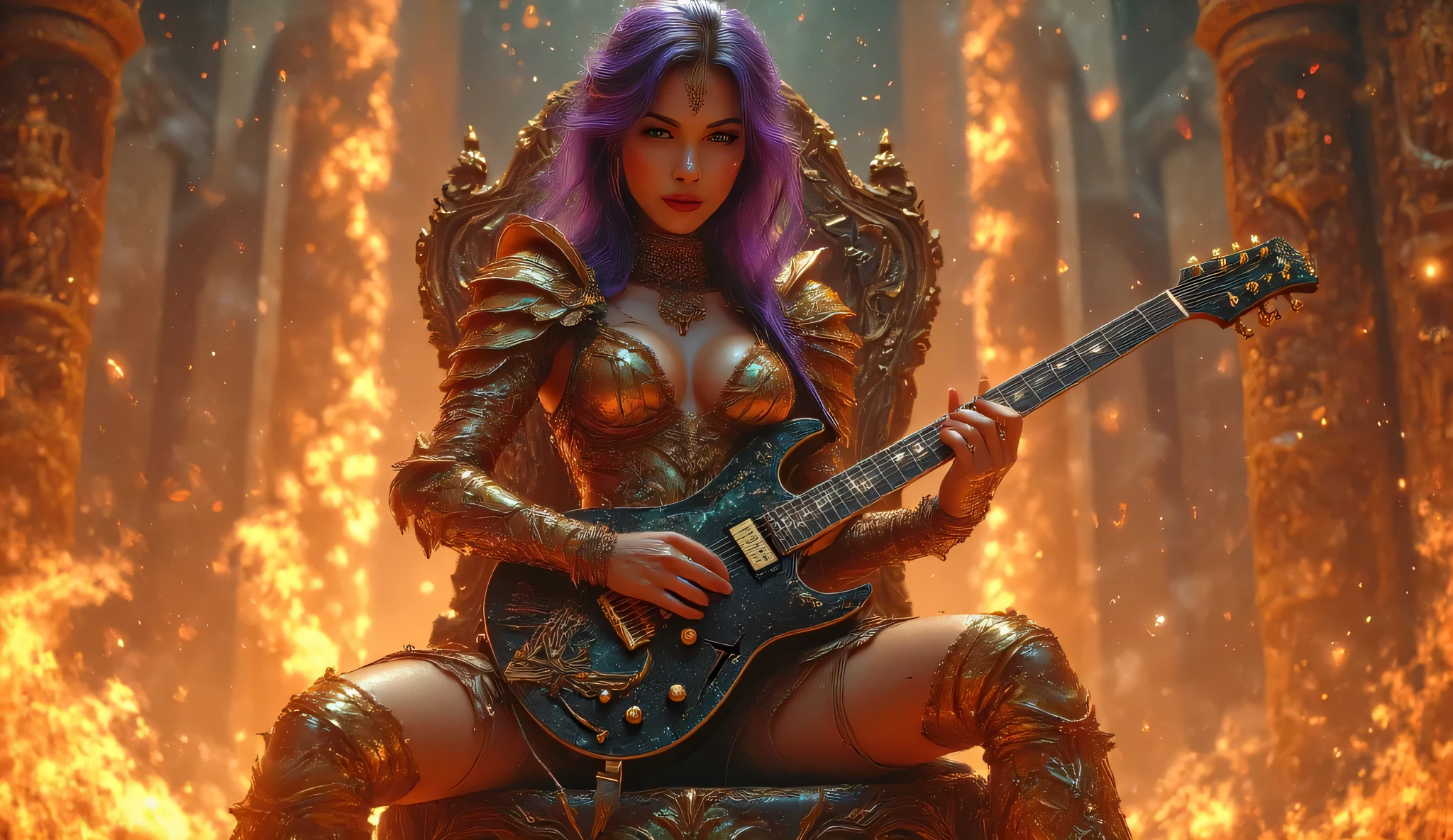 Dolly In Camera Movement: A Ultrarealistic 4K portrait image of Lara, a 25-year-old woman with a round, delicate face reminiscent of Florence Pugh, now with long purple hair flowing behind her and piercing green eyes, sits confidently on a throne-like stool while playing an electric guitar. She wears a gold Aries-inspired suit of armor with a plunging neckline that showcases her ample bust, and her toned stomach is on full display. Her thighs, framed by high-cut thigh guards, glisten under the stage lights. Her legs are spread wide. The guitar, black with gold accents, rests against her hips as she strums intensely, her lips slightly parted in a seductive smile as she gazes directly into the camera with passion. The backdrop is a flaming stage with glowing embers and smoke swirling in the air. The camera starts wide and slowly zooms in, capturing her seductive gaze and the intricate details of her armor.
