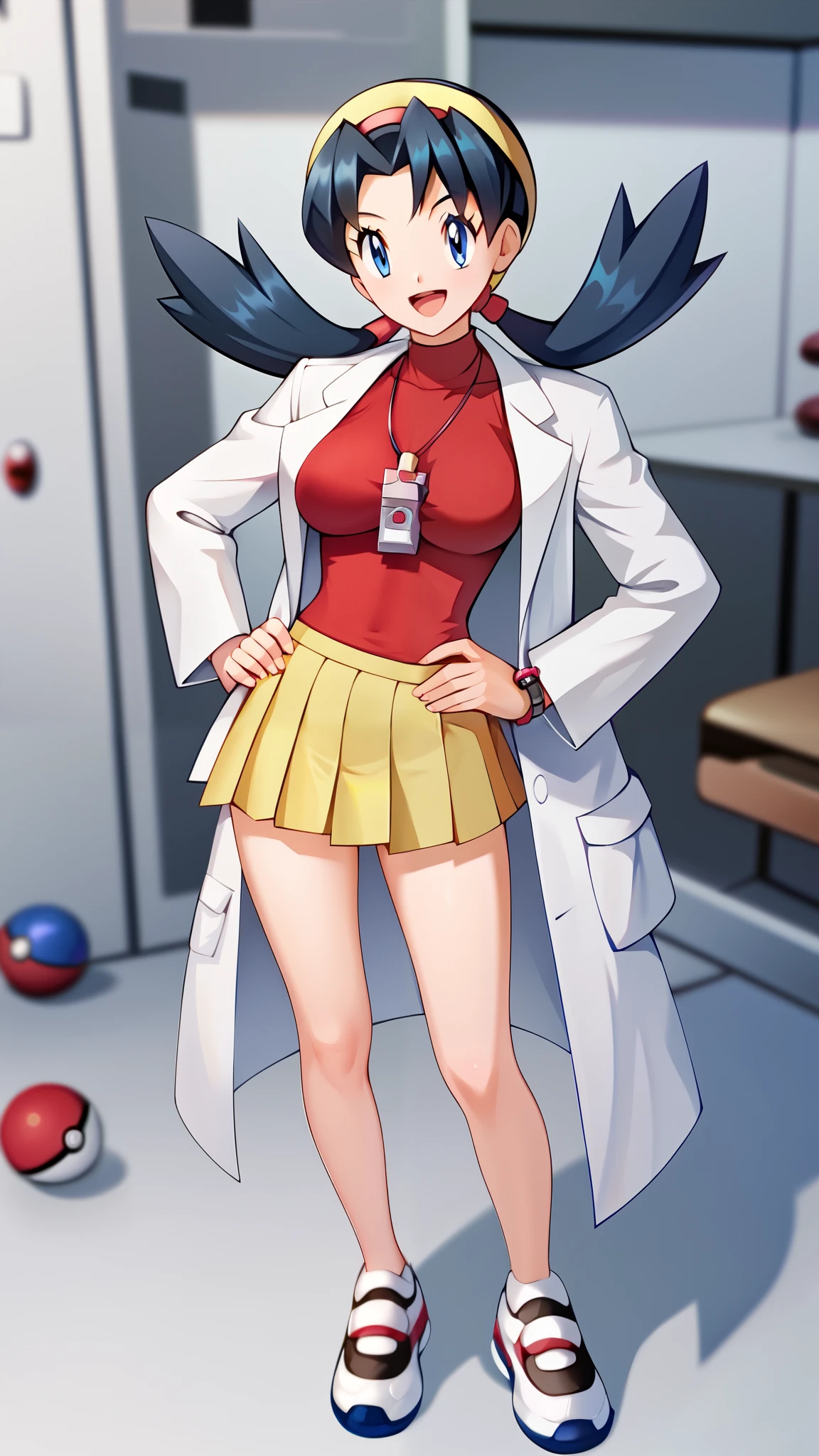 (( top quality )), ((masterpiece)), ( Details), 1girl, Blue-black hair,  twin tails,  blue eyes,  yellow pleated mini skirt, red sleeveless shirt, white lab coat , White shoes, Thighs,  beautiful feet, Ample breasts,  Tall,  viewers, 1 Female, Age 18,  standing, whole body, Place one hand on hip,  slim figure,  sexy smile,  seductive smile,  score_9,  score_8_Excellent,  score_7_Excellent,  score_6_Excellent,  Source_Anime,  cell shading,  Flat Color , vector, indoor, Research Room, (\ Pokémon\), Two legs, two arms,