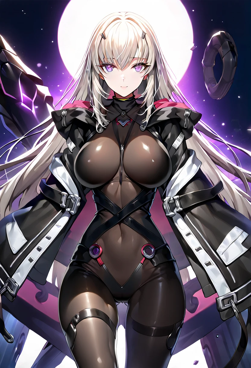 alterform, grey hair, purple eyes, large breasts, absurdres, by famous artist, exquisite, (((cowboy shot))), hood down, jacket, body suit, black clothes, black wear, weapon,(((purple eyes))), masterpiece, super fine illustration, ultra high res, masterwork, best quality, cg unity 8k wallpaper, official art, ultra detailed, finely quality eyes, (((accurate face parts))), (((perfect face))), ((((((perfect eyes)))))), ultra detailed beautiful face, ultra detailed beautiful eyes, (((clear eyes, light eyes, shiny eyes))), ((((((even eyes, symmetrical eyes)))))), (((breasts))), gleaming skin, oil skin, shiny skin, (((black pantyhose, black tights))), beautiful and aesthetic, High quality, extremely detailed, extremely detailed cg unity 8k wallpaper, super detailed skin, hdr, highers, extremely detailed beautiful face,　16k, finely detail, Amazing, top quality, distinct image, vibrant details, professional art, finely detailed face, a face of perfect proportion, high detailed face, beautiful, extremely detailed beautiful girl, ultra detailed beautiful girls, absolutely resolution, illustration, increase cinematic lighting quality, exquisite detail, hyper detailed, high detail, (((shiny eyes))), (((beautiful eyes))), (((detailed eyes))), (((beautiful face))), (((detailed face))), 1girl, solo,　Smooth and Flawless Skin, Well-Defined Facial Features, Perfectly Proportioned Face, Fine Details Texture, Graceful and Symmetrical Features, Radiant and Healthy Glow, Expressive and Captivating Eyes, long shot, wide shot, hide arms, (((open jacket))), (((open collar))), bodystocking,