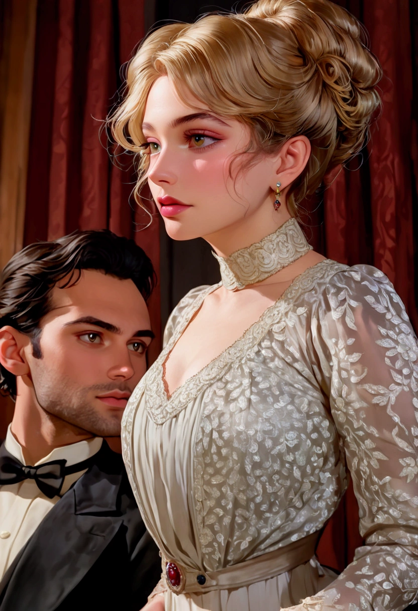 a voluptuous 14yo blonde gibson girl, (((seducing a horny 69yo man standing behind her))), 1900_dr3ss. Girl with extremely detailed face, beautiful detailed eyes, beautiful detailed lips, and long eyelashes, wearing an elegant Edwardian gown. Man wearing a suit. photorealistic, dramatic lighting, cinematic, intricate details, high quality, masterpiece, vivid colors, HDR, UHD, studio lighting, ultra-fine painting, sharp focus, physically-based rendering, extreme detail description, professional, portraits, warm color tones