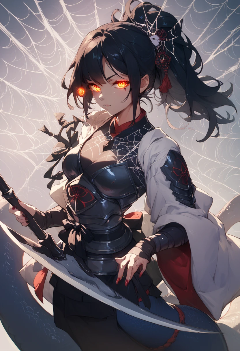 Lamia-style girl. cyber-inspired Japanese clothing. She is embroidered with spider webs. A large spider hangs behind her. Armor nails. Black hair. Glowing eye hair ornament. Scythe.