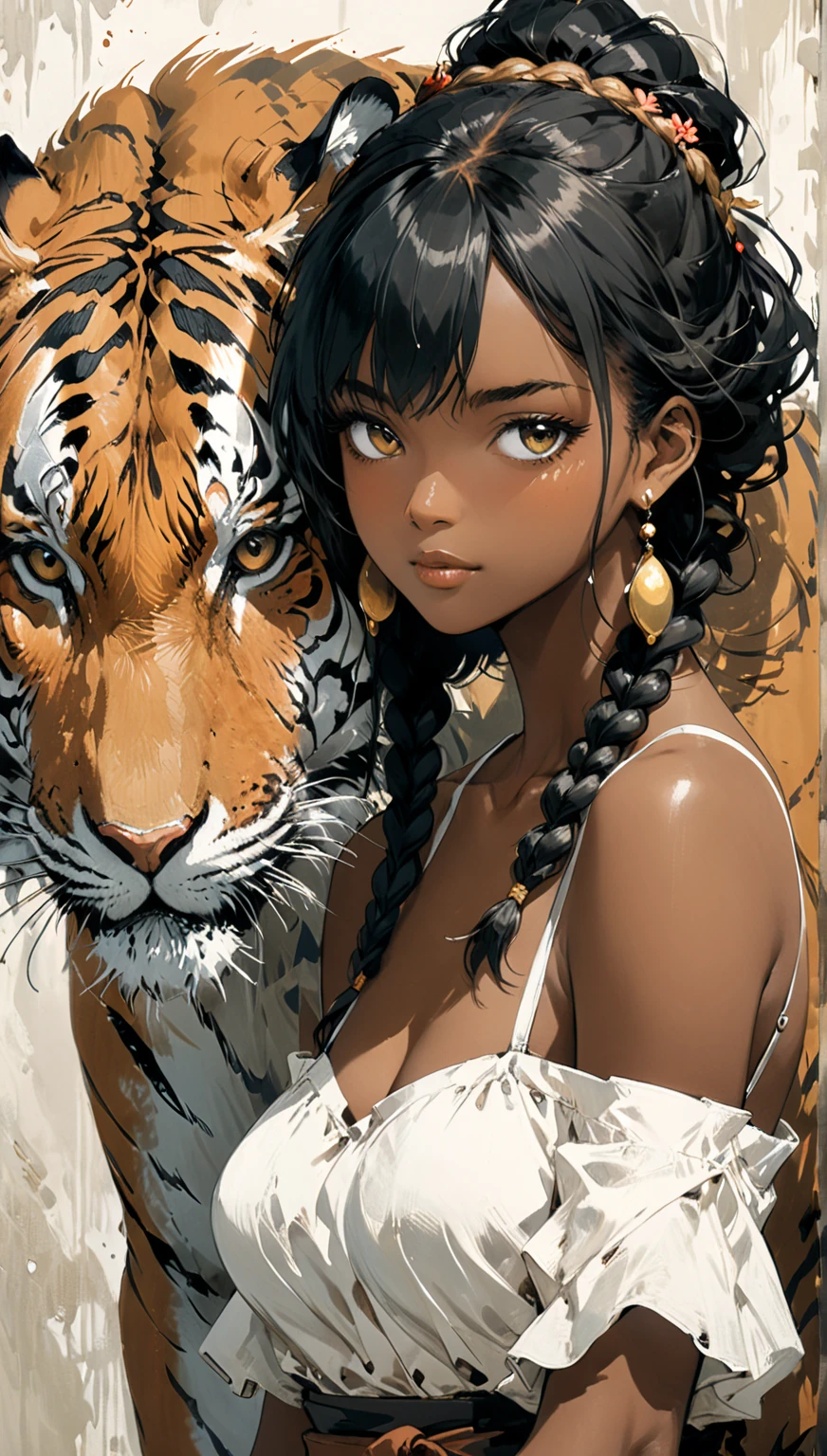 Create a black woman with tiger features, tall hair and golden eyes