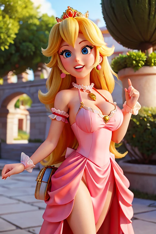 highres, masterpiece, perfect ligthing, bloom, cinematic lighting, adult, perfect skin, female, ((cowboy shot)), Hand on hip, smile, narrow waist, skinny,  (PrincessPeach), (Princess Peach), (Pink Dress:1.2), choker, detailled eyes, blue eyes, choker, sensual, Beach boardwalk, pink lips, ((glossy lips)), pursed lips, pink pumps, glossy skin, oily skin, beautiful light, (day:1.3), bright,