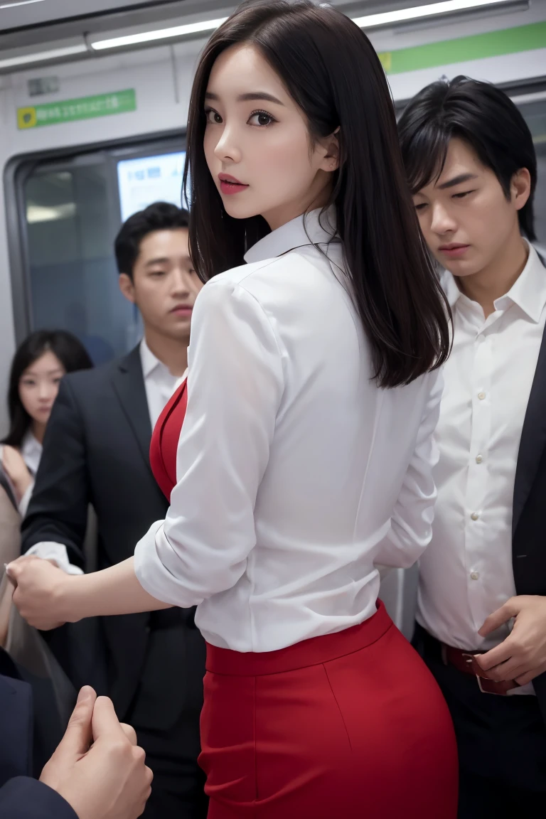 (( white shirt))、 (( red skirt))、 ((office lady uniform ))、 J-cup large breasts、Beautifully shaped breasts、slender、 Outstanding Style 、Tight tops、Open chest、Emphasizes the fullness of the chest、Cleavage、Beautifully shaped breasts 、Open chest、Breast enlargement、((masterpiece))、((highest quality))、photograph、reality、High level image quality、Advanced depth of field、realistic lighting、secretary、25years old、(( crowded trains near the door))、 ((((A man grabs my butt、A man grabs my chest))))、 ((Being molested on a train))、 Reluctant、 Embarrassing 、((angle from below))、((back style))