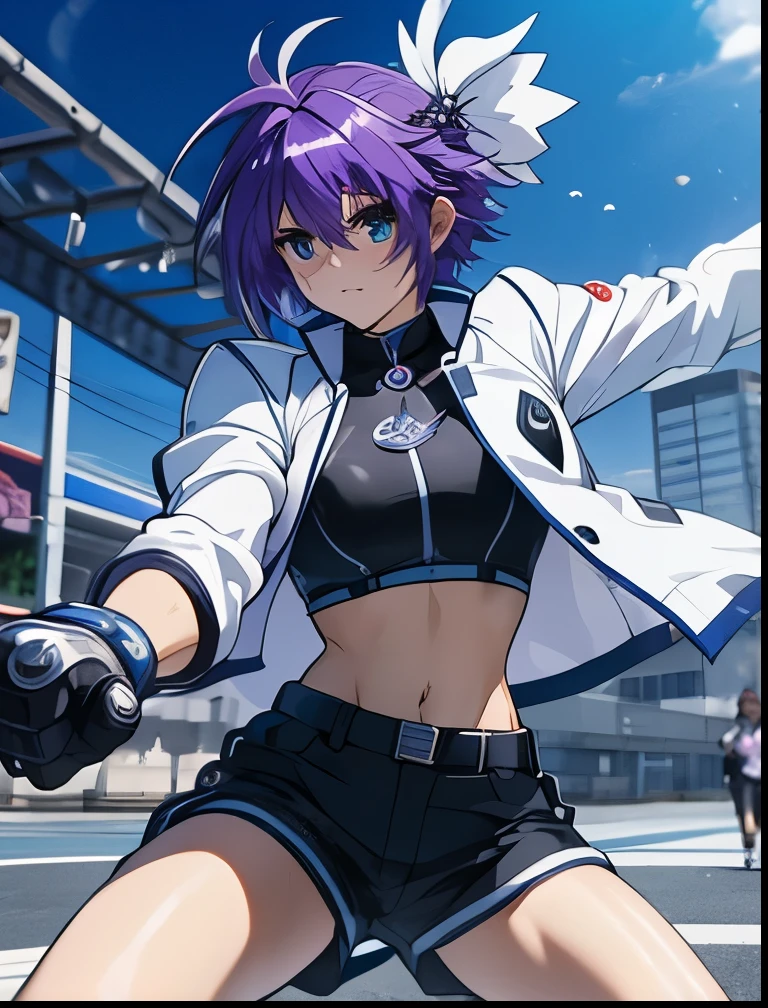 （（（ＳＦＷ、Precision、Highest quality、A first-class masterpiece、Normal body、8k、  Detailed Face 、Ultra-precision、 Normal hand、５refer to、Highest）））、"Magical Girl Lyrical Nanoh"、Subaru-Nakajima 、Purple Hair、 Shorthair、Age 15、 Magical Girl 、 transparent nipple sheer clear ultra-thin sports shirt、White jacket、 white and black shorts 、Straight punch、 Rollerblading 、Revolver Knuckles 