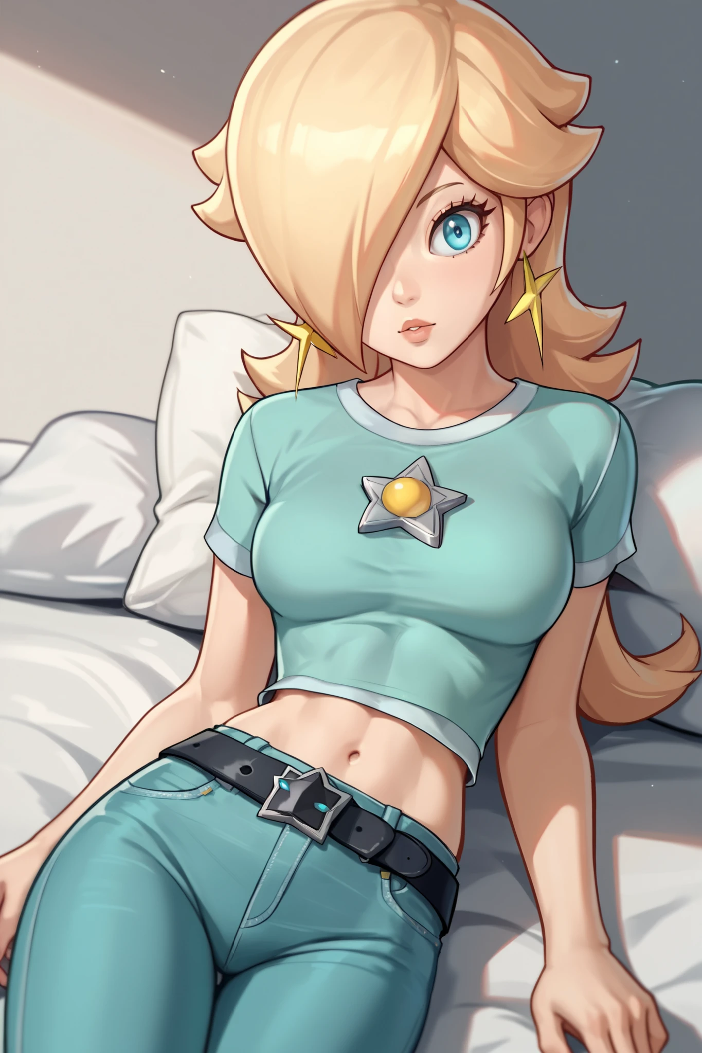 score_9, score_8_up, score_7_up, source_anime, rosalina, blonde hair, blue eyes, hair over one eye, long hair, star earrings, solo, cowboy shot, black t-shirt, taut clothes, tight shirt, midriff, jeans, black belt, on stomach