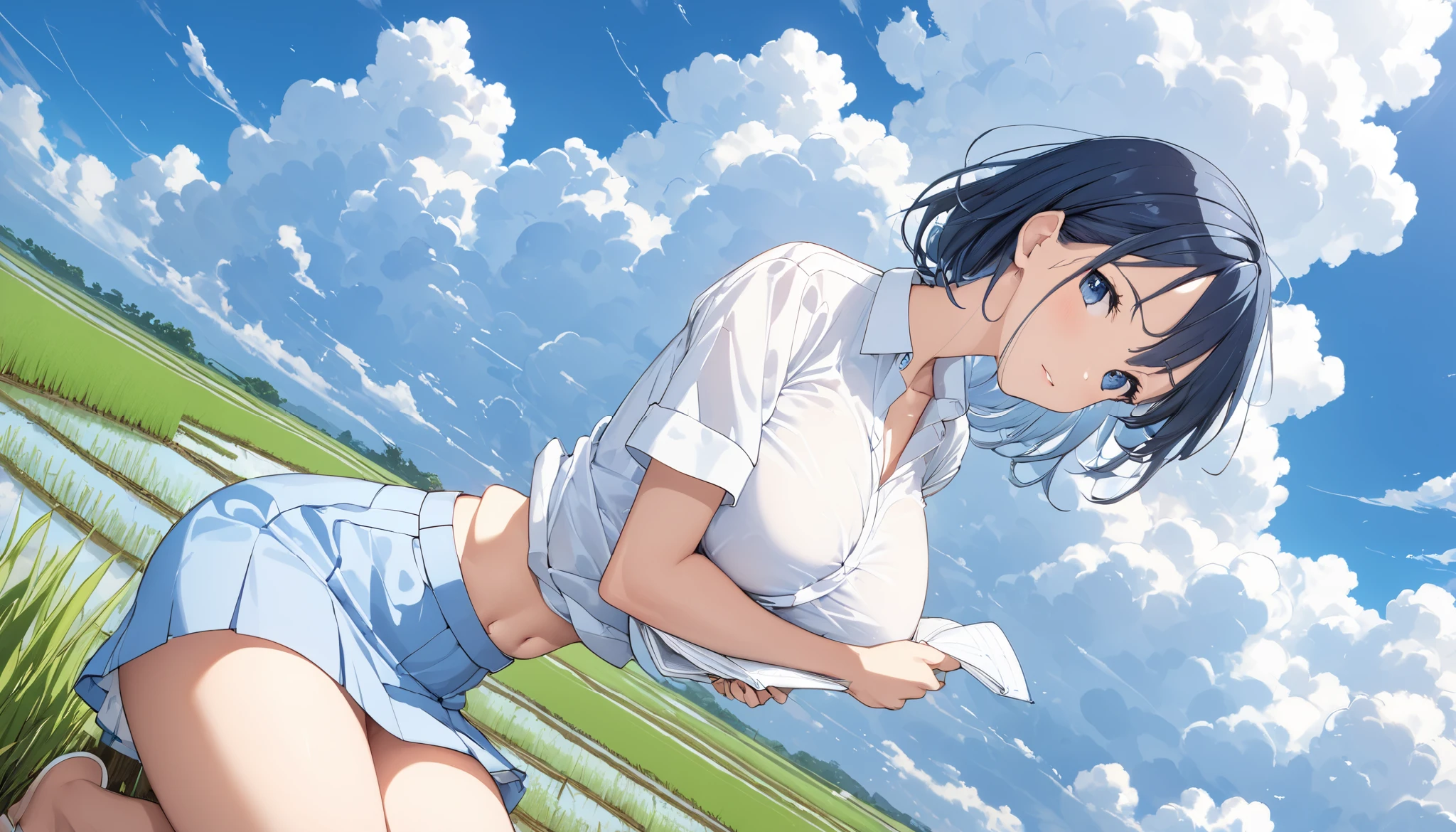 High school uniform showing the whole body  、Big Breasts、Plain shirt with short sleeves 、The light blue miniskirt rolls up and the panties are visible、  rice paddies spread to the horizon  、Clear sky and cumulonimbus clouds  