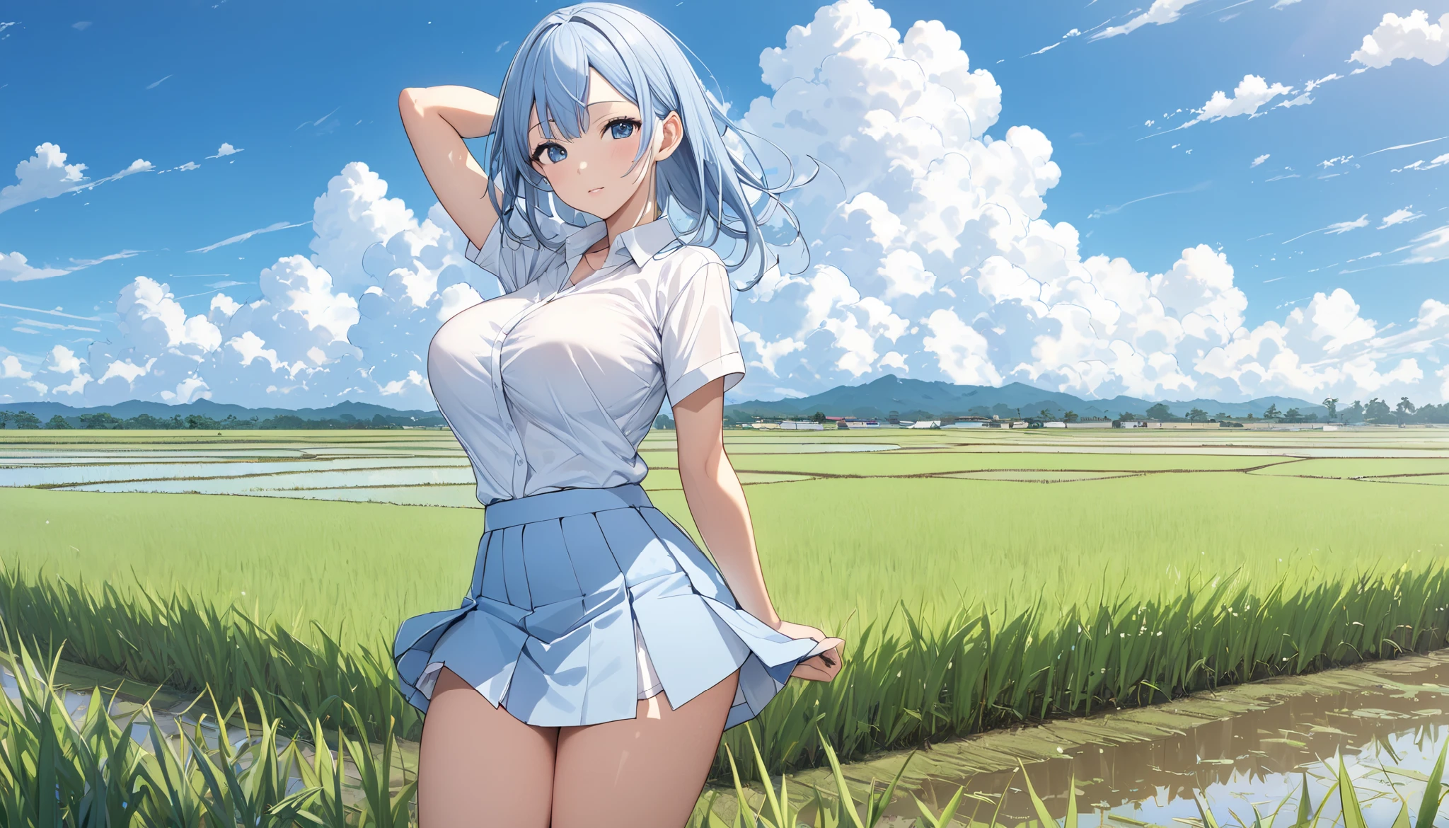 High school uniform showing the whole body  、Big Breasts、Plain shirt with short sleeves 、The light blue miniskirt rolls up and the panties are visible、  rice paddies spread to the horizon  、Clear sky and cumulonimbus clouds  