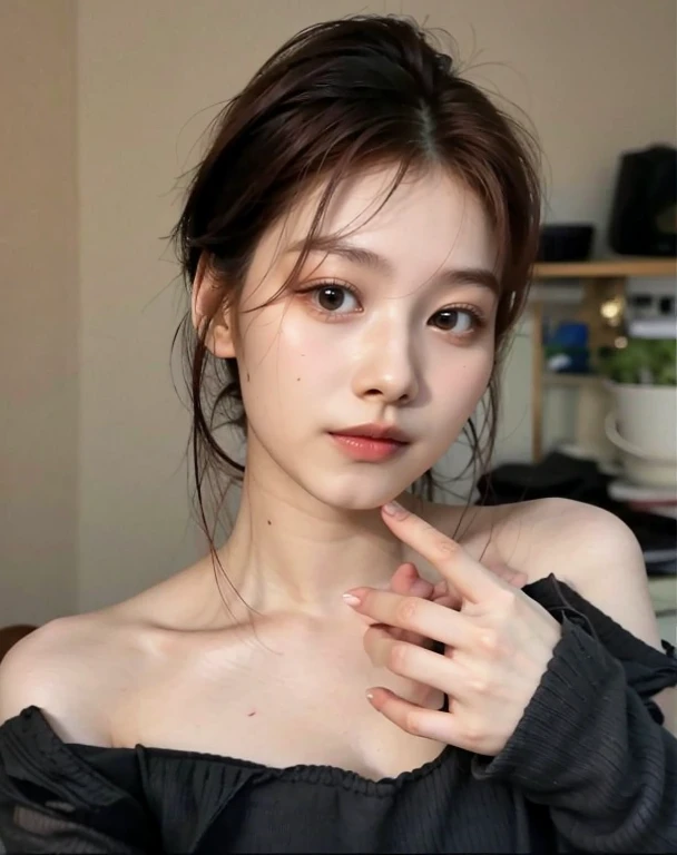 Sana Minatozaki, ginger hair, soft skin, big eyes, pale skin, long ginger hair, realistic style