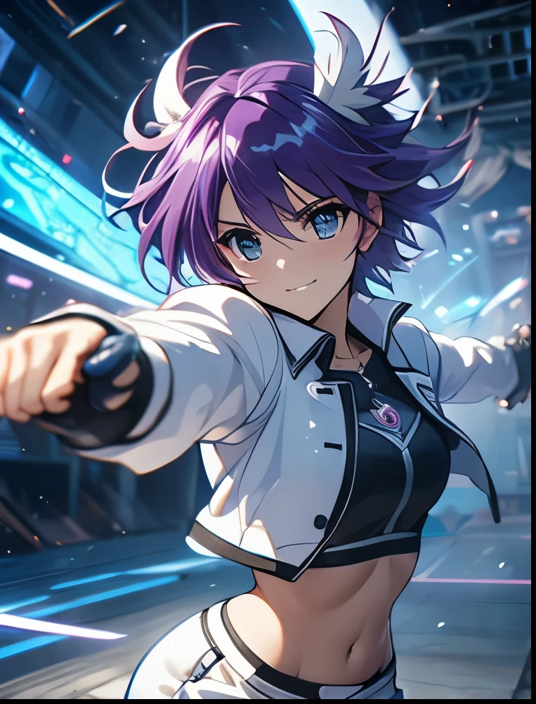 (((SFW、Precision、Highest quality、A first-class masterpiece、Normal body、8k、 Detailed Face 、Ultra-precision、 Normal hand、5refer to、Highest)))、"Magical Girl Lyrical Nanoh"、Subaru-Nakajima 、Purple Hair、 Shorthair、Age 15、 Magical Girl 、 transparent nipple sheer clear ultra-thin sports shirt、White jacket、 white and black shorts 、Straight punch、 Rollerblading 、Revolver Knuckles 、 full of energy、Boar raging