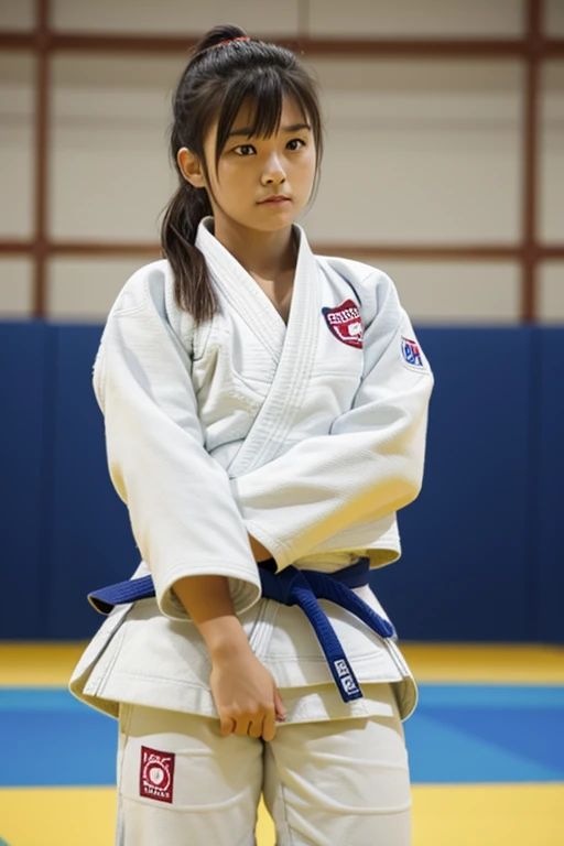woman posing for a photo,(wear judo_uniform:1.3), good hand,4K, High resolution, masterpiece, highest quality, head:1.3,((hasselblad photography)), fine skin, sharp focus, (cinematic lighting),1 female breast, Overweight, extremely fat, Chubby, Japanese, clavicle, night, soft lighting, dynamic angle, [:(detailed face:1.2):0.2],(((Inside the judo hall))), outside,