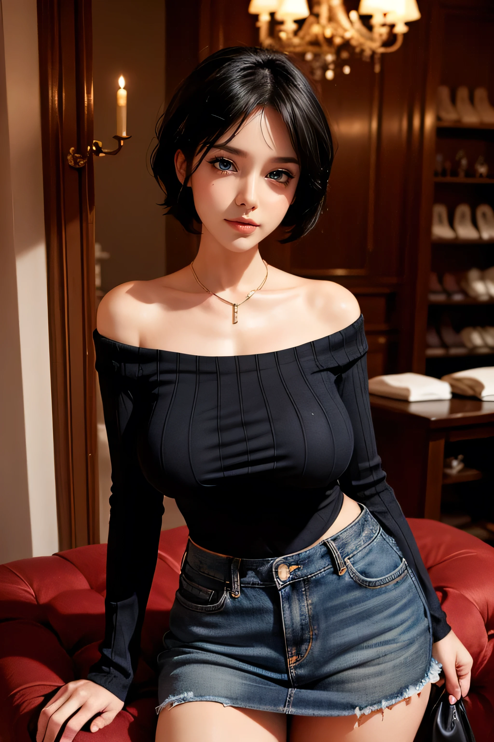 (best quality, ultra-detailed, photorealistic: 1.39), Face of naughty 35 year old teenager, Girl in love with huge breasts, bright and vibrant colors, studio lighting, beautiful detailed red off-shoulder sweater:1.2 , sensual white mini skirt, elegant makeup,lips bright, sexy pose, beautiful roses, smiling confidently and seductively, posing for a professional photo shoot, shallow depth of field, soft natural lighting, creating a dreamy and magical atmosphere. In the clothing store, beautiful store
