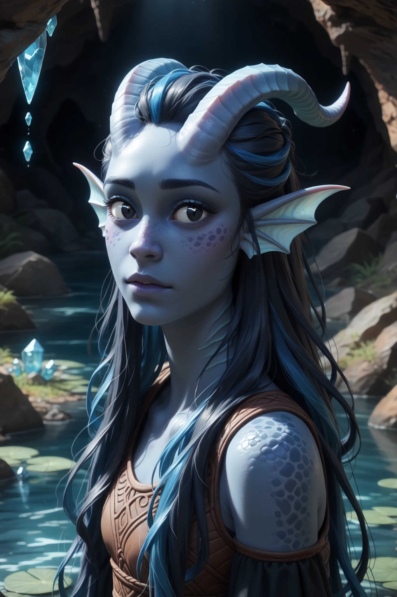 (cedar ), (1Тiefling ,  dark blue-gray skin :1.5), ( very thick long tiefling dragon tail :1.5), ( long black flowing hair with dark blue highlights:1.4), ( the bright blue-black pigmentation on the face :1.5), (blue-black freckles :1.2) , (2 fins on the head:1.4), (bright blue-grey pupils,  Black eyes :1.4), ( blue-black pigmentation on the skin :1.5), ( dark grey straight short horns ), ( blue and black pigmentation on the tail :1.5),  girl  , (kind face), (curiosity ), (35 years old:1.5), (adult:1.2), (a white canvas shirt ),  (you can see pigmentation on his shoulder ), (chainmail), (tail protection), (cave vaults ), ( with a blue crystal cave in the background), (dark), (the tail is behind and wraps around the body), ( on the lake shore inside a dark cave), ( near a lake with clear clear water and blue crystals on the bottom), stream , scale,  Dark colors , stalagmites ,  stalactites , [многоярусные cave vaults ], [ moss and vegetation on the walls ], [ dark roots hang , pieces of land ], [water is dripping,  dark wet stones of the cave walls ], (precious blue stones in the distance ), (large portrait), ( is standing with your back), (looking over shoulder:1.4), ( view from above ), (a cave in the distance filled with blue crystals), ( top quality ), ( masterpiece fails),  ( highest detail ),  fantasy background, blue tones, Dark tones, dark shades,  muted colors. 