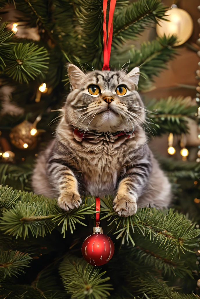 ✨✨✨
surprised cat hangs on a Christmas tree 
closeup 
in an artistic manner 
Ronald Searle