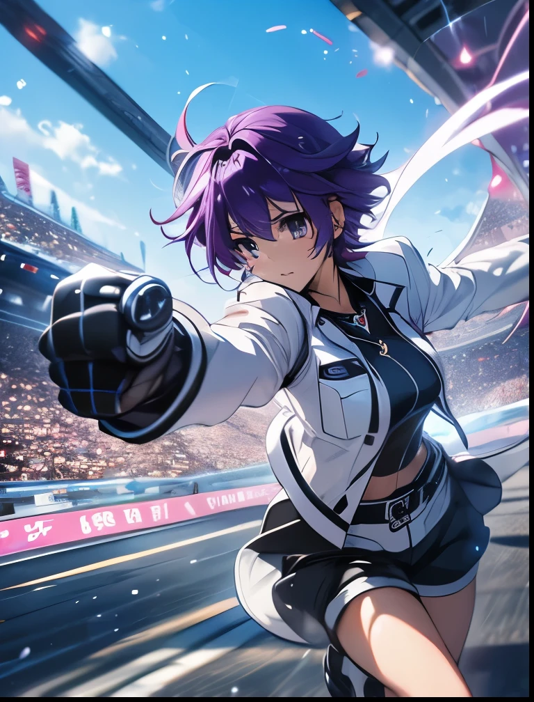 (((SFW、Precision、Highest quality、A first-class masterpiece、Normal body、8k、 Detailed Face 、Ultra-precision、 Normal hand、5refer to、Highest)))、"Magical Girl Lyrical Nanoh"、Subaru-Nakajima 、Purple Hair、 Shorthair、Age 15、 Magical Girl 、 transparent nipple sheer clear ultra-thin sports shirt、White jacket、 white and black shorts 、Open Leg Spin Kick 、 Rollerblading 、Revolver Knuckles 、 full of energy、Boar raging