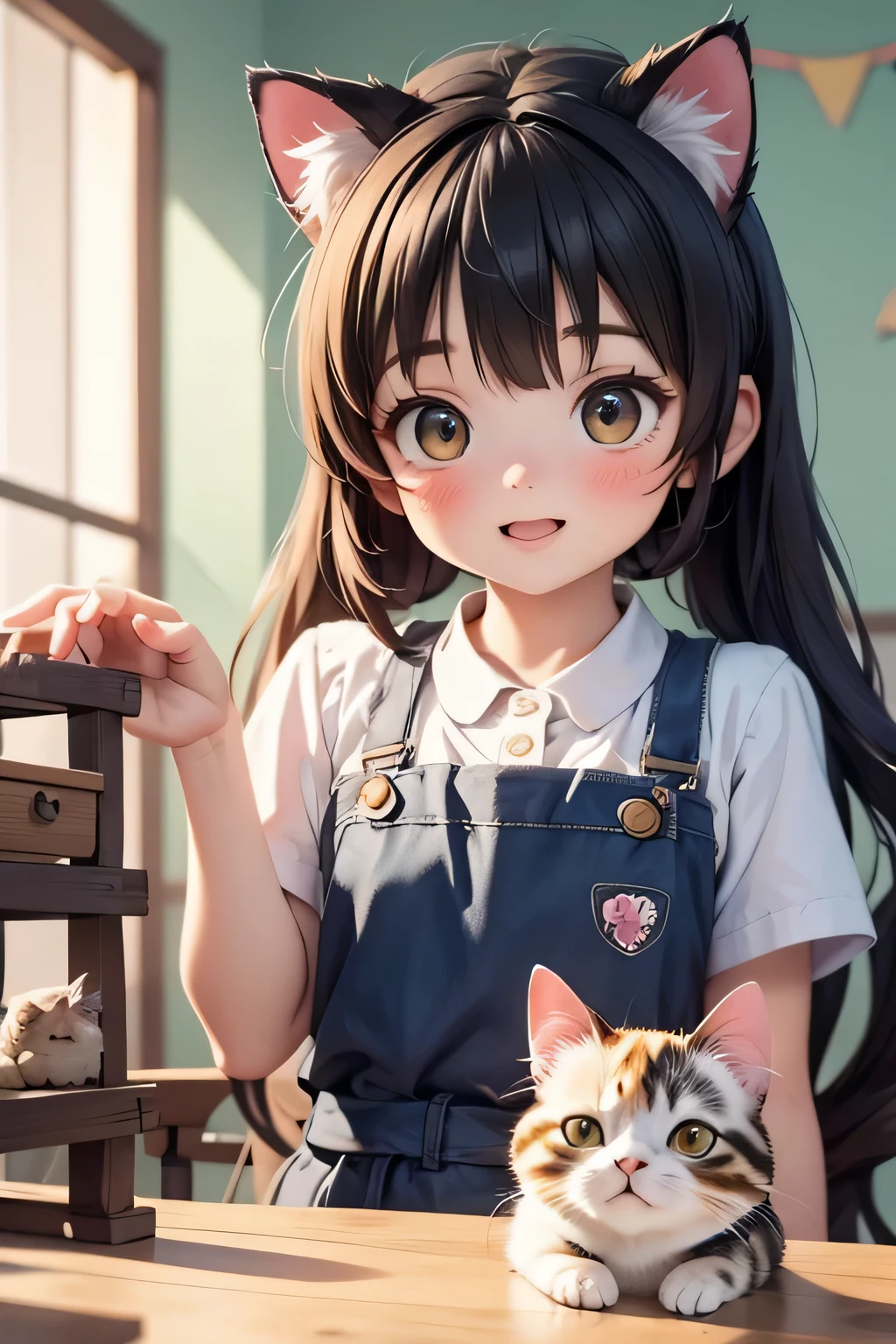 Anime girl with cat ears and a blue dress sitting at a table - SeaArt AI