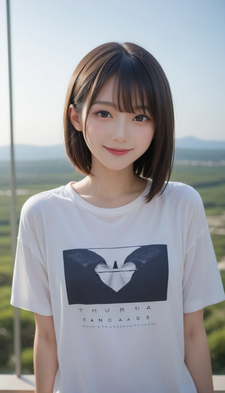 (top-quality、8K、32K、masuter piece、nffsw:1.2)、Cute Japan Girl、女の子1人、bobhair、profile、(slim figure:1.2)、(s lips) 、(Black hair)、二重まぶた、shinny skin、Realistic rays、mare、beauitful face、(A smile:1.3)、crouching down、(From above:1.2)、(a closeup:1.4)、white t-shirts、Forest of autumn leaves、blurry backround、(Front Focus)、(Dark: 1.6)、Fantasy Art、photoRealstic、Professional Lighting、extra detailed face、Award-winning、deep-shadows、