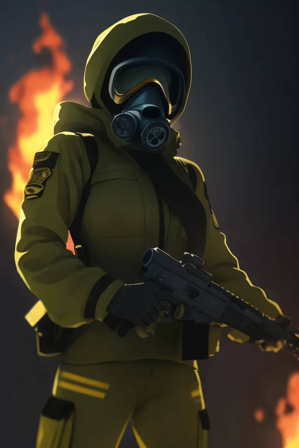 Female soldier in a camouflage suit with a pistol her hand wearing a gas mask. Fire gun, Perspective, Dynamic angel, best quality, master piece, ((holding gun)), 4K. ((Cinematic Flames Background))