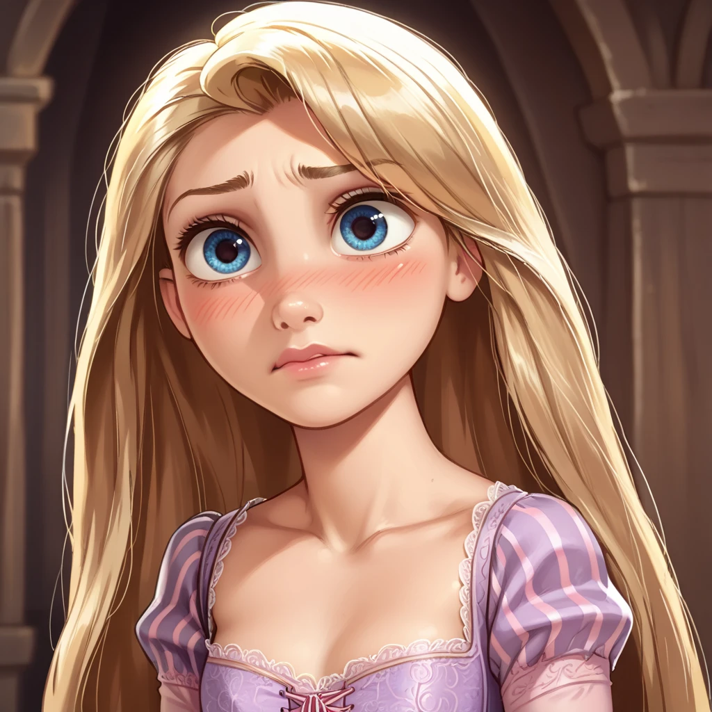 Photorealistic, 1girl ,rapunzel, skinny, beautiful, blue eyes, ((miniskirt:2)), embarrassed, girl´s panties:1.5