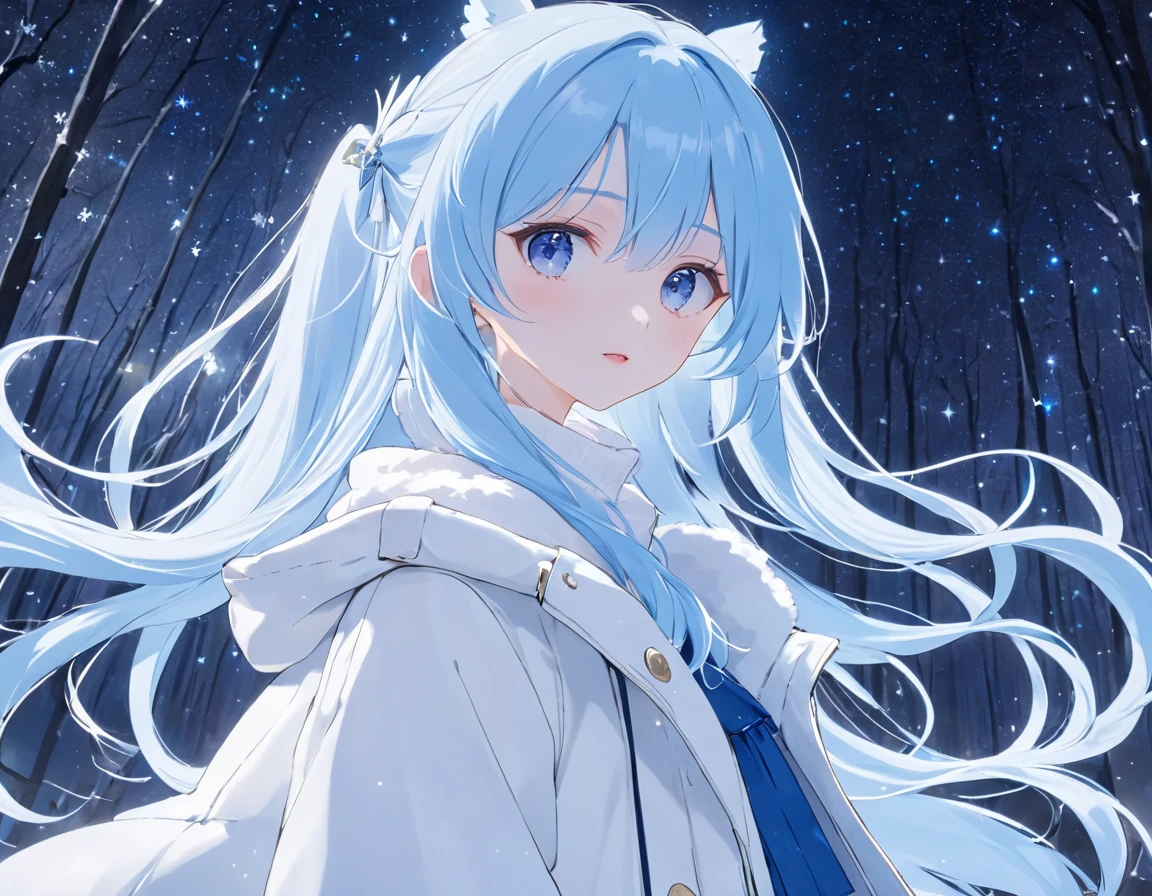 A starry sky 、 Light Blue Long Hair 、 a beautiful girl with a twin-tail hairstyle、 closeup 、Clear air、 the Big Dipper shines 、warm white long down coat、In the mysterious forest 、