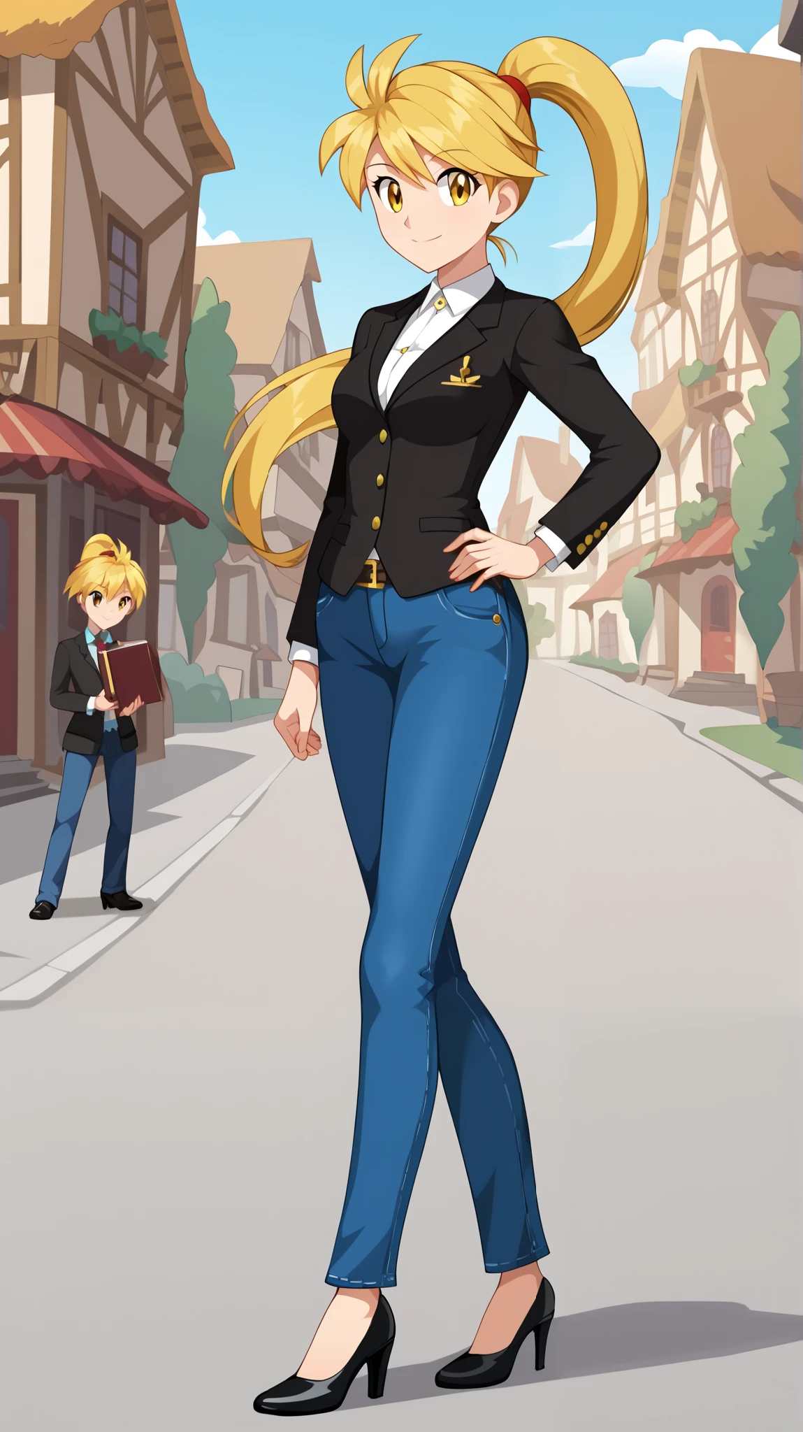 (( top quality )), ((masterpiece)), ( Details), 1girl, Golden hair color,  ponytail,  long hair, Yellow Eyes,  career woman,  business suit, jeans suit ,  black high heels,  Tall,  ANIME COLORING BOOK,  viewers, 1 Female, ,  standing, whole body, Place one hand on hip,  slim figure,  sexy smile,  seductive smile, Two legs, two arms, Outdoor, town, (\ Pokémon\),  score_9,  score_8_Excellent,  score_7_Excellent,  score_6_Excellent,  Source_Anime,  cell shading,  Flat Color , vector,
