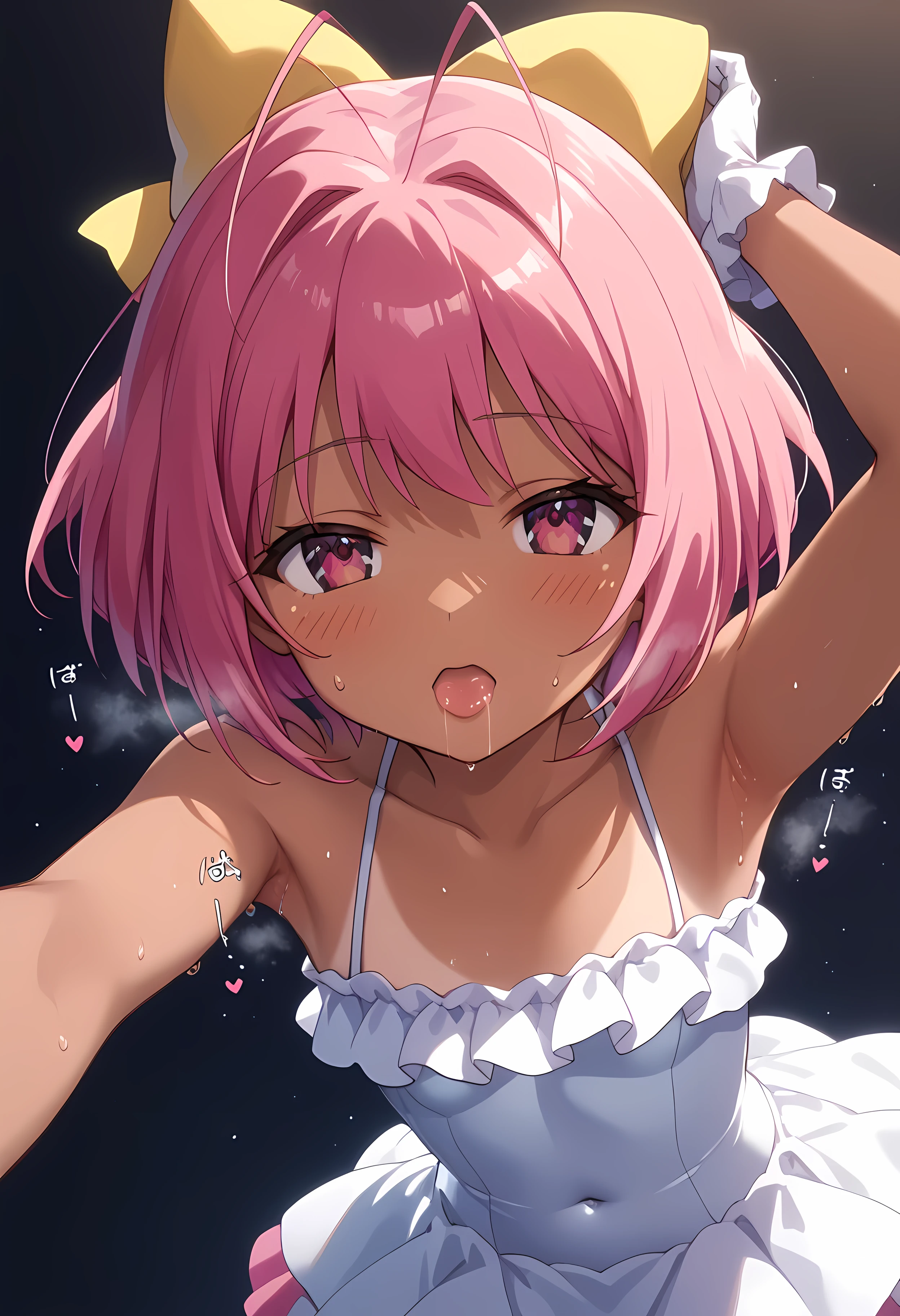 (8K, top-quality, masterpiece:1.2), Illustration Style, Anime Style, {{Kanon Nakagawa}}, {short hair}, { hot pink hair}, {hair bow of yellow}, {hot pink eyes}, antenna hair, {{She wears a single large yellow hair bow on the back of her head., yellow hair bow, hair bow}}, Small lips, beautiful girl, Cheeks pink, intricate Rainbow-holographic white idol dress, {Rainbow-holographic skin-tight Japanese idol white dress with bare shoulders}, {Skin-tight Japanese idol dress that shows off the navel}, Pearl-white silk tight-highs that become transparent when wet, Pearl-White thigh-highs, Big eyes, Hanging eyes, {{hot Pink Eyes}}, half closed eyes, saliva, saliva trail, confused face, {little Embarrassed:1.2}, blush, Shocking Pink Rouge, (sticky armpit sweat), Perfect anatomy, anatomically correct, {{{She is showing her armpits and making the peace sign near her face.}}}, Rainbow Holographic Skintight Short Gloves, {{Perfect hands}}, {{Perfect fingers, the number of fingers is accurate, Perfect and beautiful fingertips}}, Appealing pose while showing armpits, (dark tan skin:1.55), large breasts:0.8, Sweating profusely, (Mucus clings to the whole body), Steam coming out of the whole body, Steam rises across the screen., White Breath, The whole body is covered in sticky liquid, Heart Effects:1.2, Japanese Girl's idol lovely song sound effects, Japanese lovely idol Singing voice effects, {Commemorative Video taken while sticky sweating into a skin-tight bikini}, She has a strong desire for approval and actively poses to appeal to others., {Idol concert arena stage background}, Commemorative Video, Lower body swimsuit, Inner swimwear, {Fisheye lens effect:1.2}, {{not nsfw}}, {{no nsfw}},
