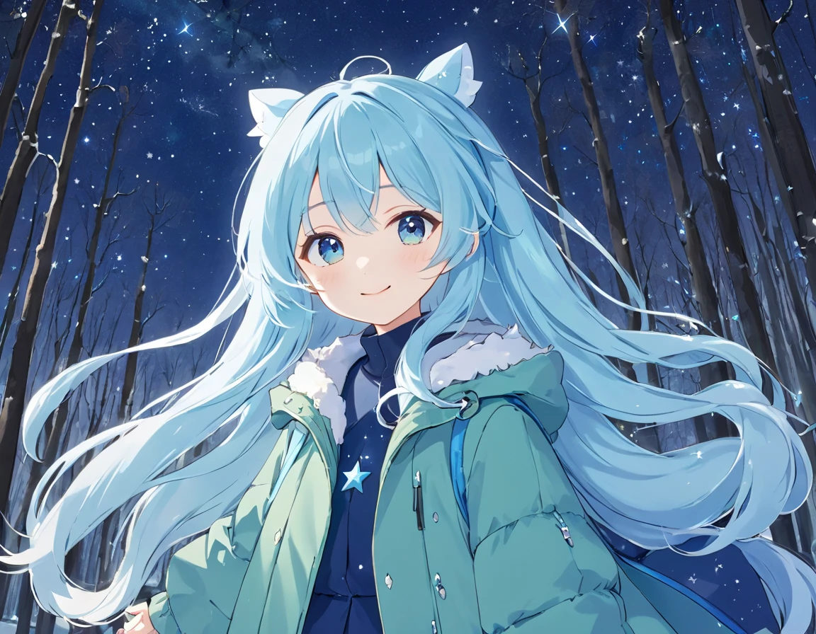 A starry sky 、 the Big Dipper shines 、 Light Blue Long Hair 、 a beautiful girl with a twin-tail hairstyle、smile、 closeup 、Clear air、 the Big Dipper shines 、warm green long down coat、In the mysterious forest 、