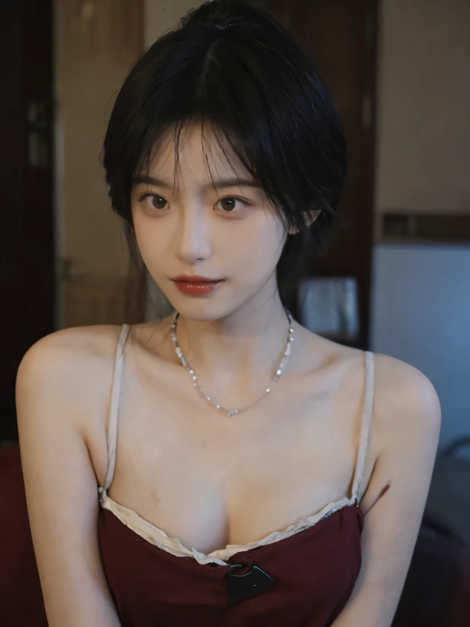 Film portrait photography, 2 girls, Bare shoulders,Lipstick,(big chest:1.4), Wear a necklace,Cute expression,Exquisite makeup,Red suspenders,serene, calm, (Realistic and detailed eyes, Natural skin texture, Realistic facial details), Big breasts:1.6,Big Breasts,Soft dramatic lighting, Depth of Field, Bokeh, Vibrant details, Detailed and detailed, Surreal, 35mm film, hazy, ,