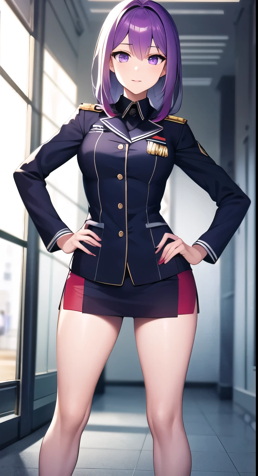 (( beautiful purple eyes )),  anime girl Beautiful slender girl wearing a uniform  posing in a hallway with her hands on her hips, ( software ) safe for work, Anya from Spy Family, Beautiful slender girl wearing a uniform , Red Uniform, Kshat Garland,  female protagonist 👀 :8,  kashart kentz , perfect attire!!!, Wearing a soldier&#39;s uniform, makoto shinka, JK uniform