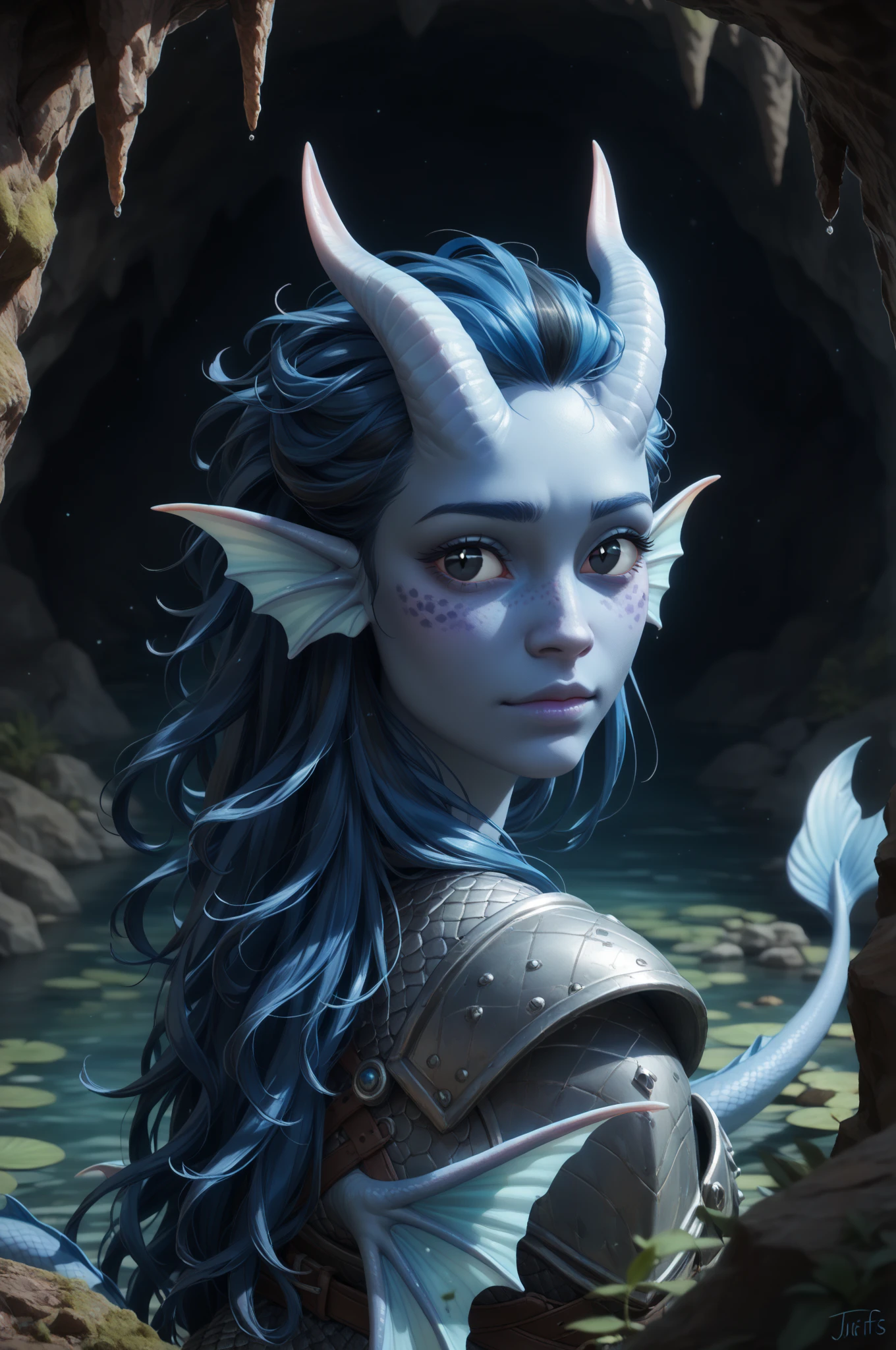 (cedar ), (1Тiefling ,  dark blue-gray skin :1.5), ( very thick long tiefling dragon tail :1.5), ( long black flowing hair with dark blue highlights:1.4), ( the bright blue-black pigmentation on the face :1.5), (blue-black freckles :1.2) , (2 fins on the head:1.4), (bright blue-grey pupils,  Black eyes :1.4), ( blue-black pigmentation on the skin :1.5), ( dark grey straight short horns ), ( blue and black pigmentation on the tail :1.5),  girl  , (kind face), (curiosity ), (35 years old:1.5), (adult:1.2), (chainmail:1.1), (in armor), (you can see pigmentation on his shoulder ), (chainmail), (tail protection), (cave vaults ), ( with a blue crystal cave in the background), (dark), (the tail is behind and wraps around the body), (on the lake shore inside a dark cave ), ( next to a lake with clear clear water and blue crystals on the bottom), stream , scale,  Dark colors , stalagmites ,  stalactites , [многоярусные cave vaults ], [ moss and vegetation on the walls ], [ dark roots hang , pieces of land ], [water is dripping,  dark wet stones of the cave walls ], (precious blue stones in the distance ), (large portrait), ( is standing with your back), (looking over shoulder:1.4), ( view from above ), (a cave in the distance filled with blue crystals), ( top quality ), ( masterpiece fails),  ( highest detail ),  fantasy background, blue tones, Dark tones, dark shades,  muted colors. 