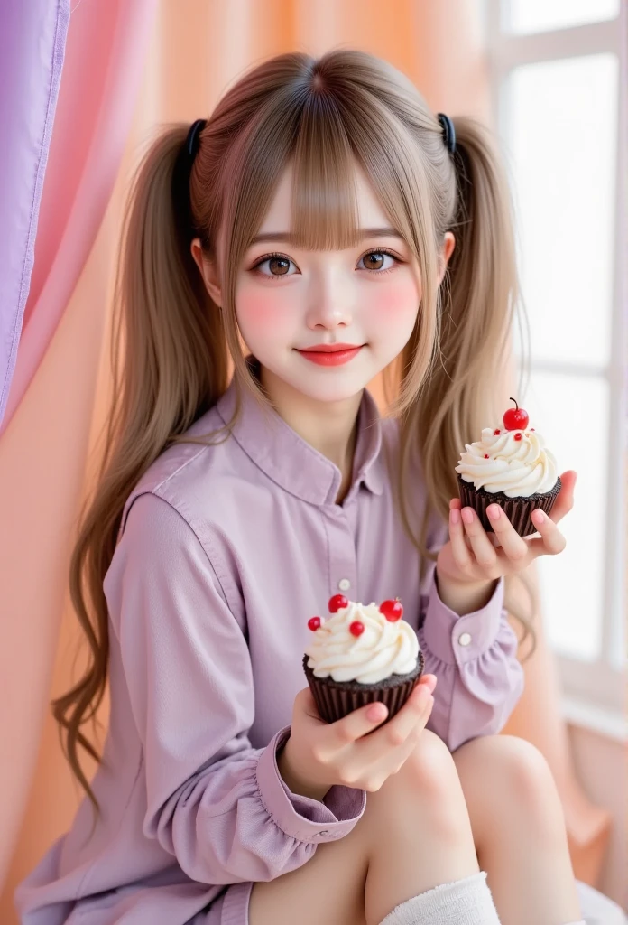  realistic ,photo  realistic , cute girl\(20 years old, twin tails,  holding cupcakes , smile, two-sided fabric that closes \),pastel,
pastel pink and purple tones,
 Soft Orange ,  twin tails,  holding cupcakes , smile, two-sided fabric that closes ,   Intricate Details , pastel colors,  white stockings ,  elegant background with soft drapes,  Bright Lighting, Adorable pose,  Cute Style , sweet and innocent vibe  ,   delicate accessory  ,  fantasy atmosphere, soft glow