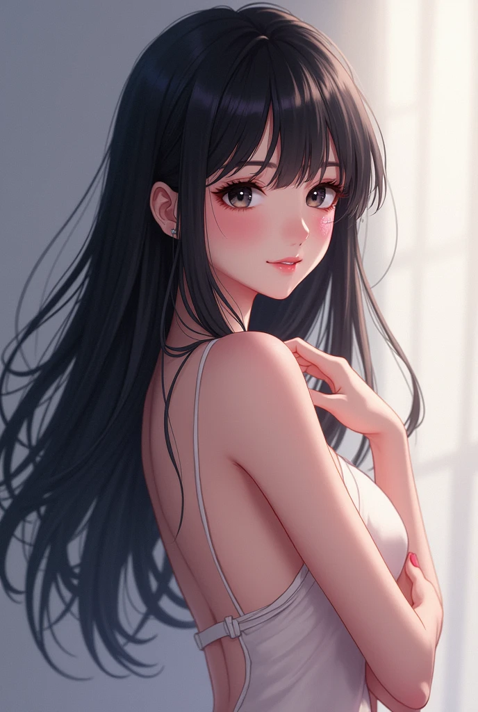 a girl with long hair wearing a dress standing naked and looking off to the side, 1girl, solo, dress, simple background, black hair, long hair, looking at viewer, white background, ass, smile, open mouth, white dress, brown eyes, bare shoulders, wet, bangs, see-through, wet dress