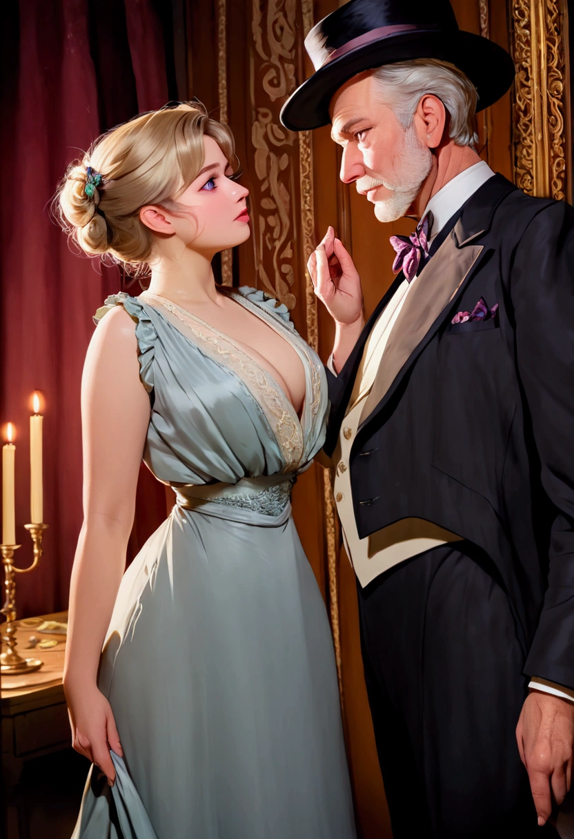 a voluptuous 14yo blonde gibson girl, (((seducing an unattractive horny 69yo man standing behind her))), 1900_dr3ss. Girl wearing an elegant Edwardian gown and hat. Man wearing a suit. Teen girl and Old Man. photorealistic, dramatic lighting, cinematic, intricate details, high quality, masterpiece, vivid colors, HDR, UHD, studio lighting, ultra-fine painting, sharp focus, extreme detail description, professional, portraits, warm color tones