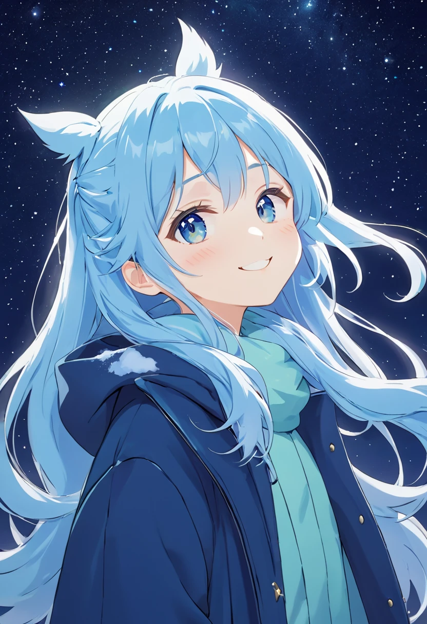 A starry sky 、 the Big Dipper shines 、 Light Blue Long Hair 、 a beautiful girl with a twin-tail hairstyle、smile、 closeup 、 I look up at the night sky、Clear air、 the Big Dipper shines 、warm green long down coat、In the mysterious forest 、